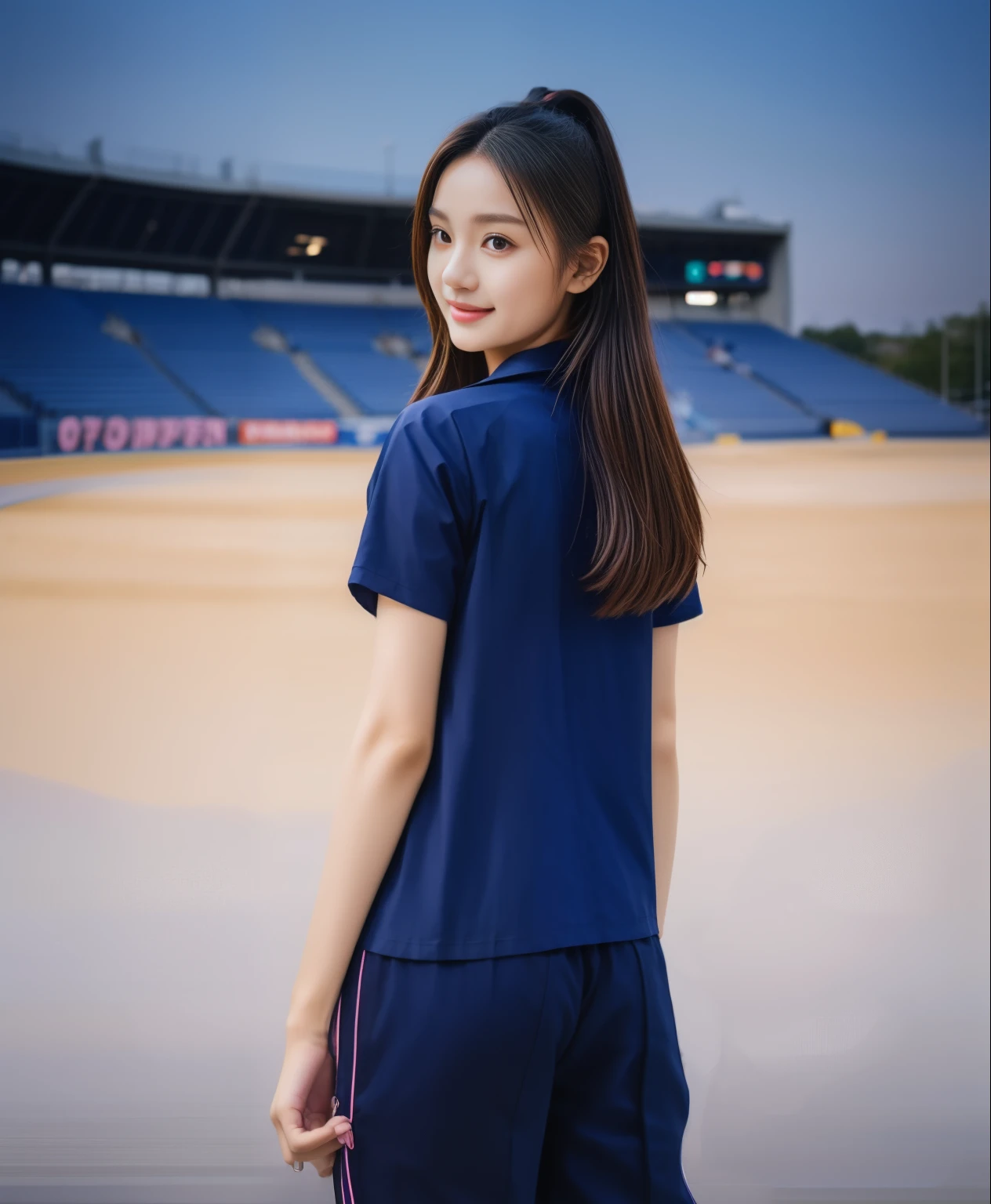 (best quality,10,10,height,Masterpiece:1.2),Special details,(realistic,ภาพrealistic,Realistic photos:1.37),1 cute girl on the football field,shiny, ผิวshiny,only,smile softly,BDclothelue shirt:1.3)),short sleeve,shirt, กางเกงขาlong.,(navy_long_track pants:1.1), ((stadium background:1.3)),Dynamic angle,excited,Face focus,dynamic poses,from behind,focus on ass,Masterpiece, best quality, ultra realistic, hyper-detail, 8K resolution, raw photos, Sharp focus, ((Navy blue shirt:1.1)), short sleeve, เส้นทางlong, perfect body, 2 mature women, 18 years old, Cinema-grade lighting system,blue sweatpants,shirtผ้าออกกำลังกาย,correct anatomy,perfect body, correct body, Sharp face, correct bodyทางกายวิภาค, full body, realistic gestures, long-haired, realistic poses,Wear long shorts................................,ช่วงขาlong,Good shape,carved girl, Slender figure, model, Good shape, beautiful body,blue sweatpants, two girls kissing