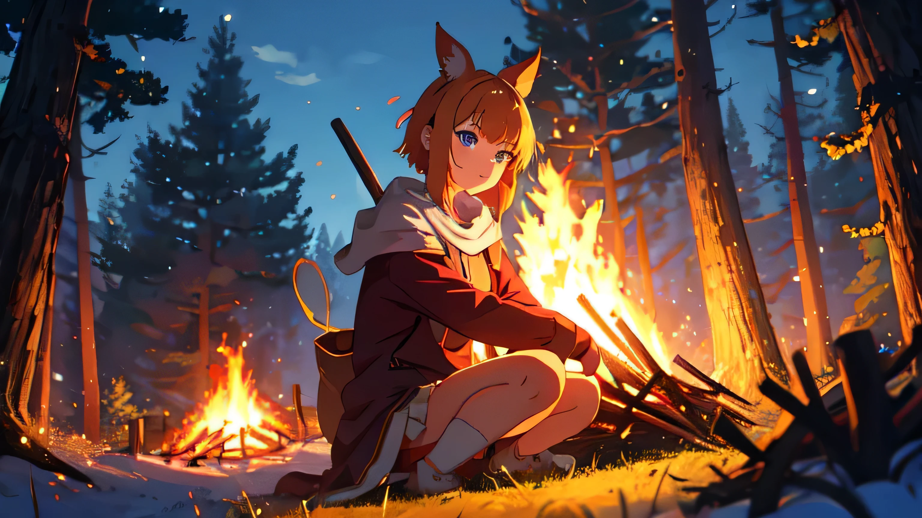 night,bonfire,forest,anime style