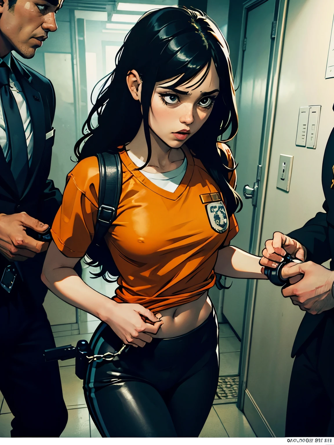masterpiece, best quality, high resolution, draw, comic, hyper realism, jortega, alone, long hair, black hair, slim and athletic body, small breasts, inmate, ((wearing orange inmate suit)), very soft light, black night, concept art, horror, dark, very dark, art by Yoji Shinkawa, ink and watercolor, restrained, arrest, restrained ,handcuffs, shackles, in dark corridor, prison, ((escorted by two cops))
