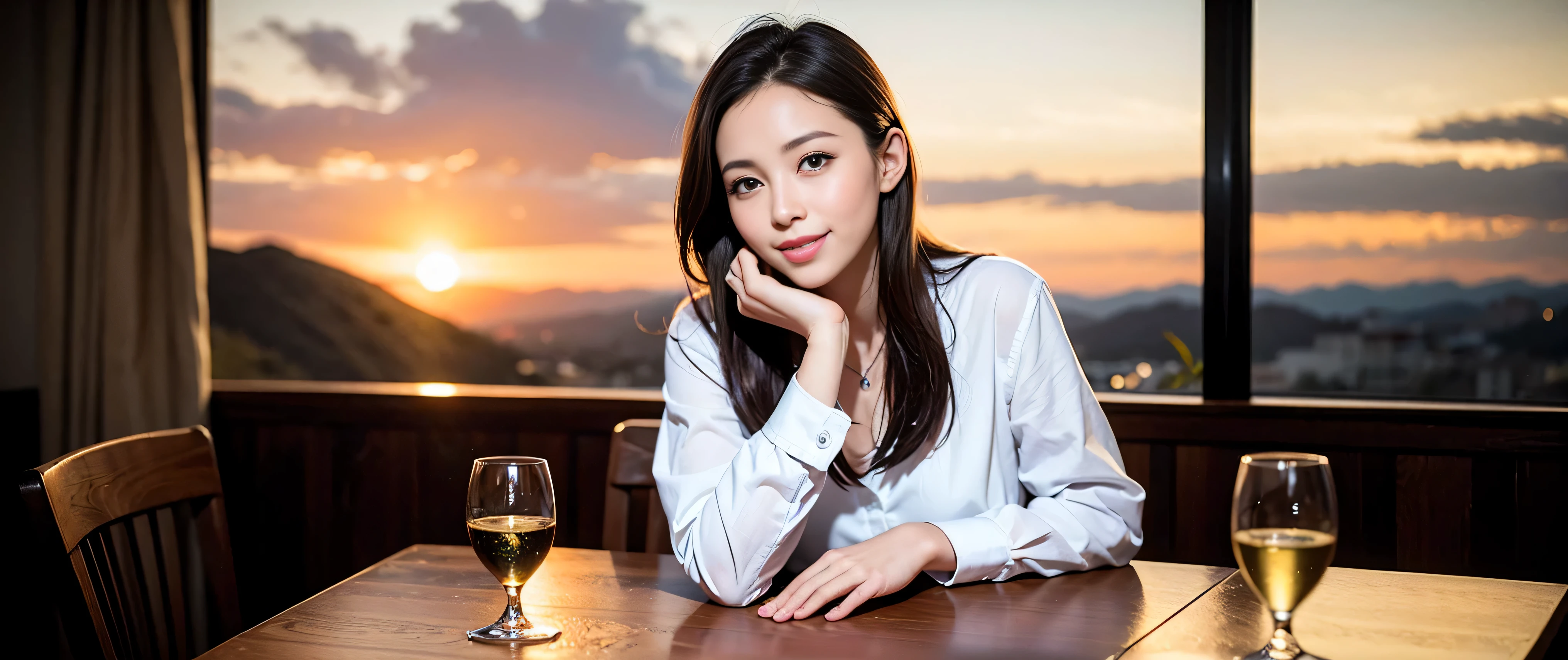 64k, Hmm, highest quality, masterpiece: 1.2), (realistic, photorealistic: 1.37), Spectacular view of the sunset sky and clouds、Amazing mountain views、slimな美女3名, (slimフェイス),Happy、 最高なsmile、Fox face、Berry Short、(because I&#39;thin), (brown hair), (shortcut), long sleeve shirt、winter fashion、Colombian、Brazilian、Japanese、Dutch、German、Portuguese、Belgian、Italian、French,Champagne、sparkling wine、 (Squirting), (slimボティ), (brown hair), (shortcut), neat beauty、cheeks turn a little red, (35 years old), 38 years old, alone, A beautiful and detailed night view spreads out outside the window......, restaurant, wine glassが座っている, At night, in a prominent place (from the Upper body) nova frog style, actress, model, Upper body, White wine, slim, wine glass, Very beautiful night view, wine glass Put in the Middle, Happy smile, (smile: 1.15), 
