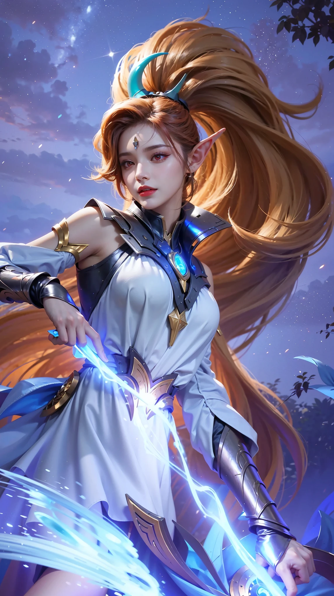 (female:1.2), 8k, ultra hd, ultra detailed texture, hyper realistic, masterpiece, detailed texture, detailed face, detailed skin, detailed lighting, (photorealistic:1.5), best quality, beautiful lighting, cinematic lighting, professional lighting, ultra highres, realistic, detailed hair, real hair, high quality, (realskin:1.5), extremely detailed, finely detail, ultra-detailed, 1girl, solo, elf, pointy ears, standing, demon horns, forehead protector, (red eyes:1.5), v-shapped eyebrow, lips, red lips, evil smile, nose, make up, pretty, beautiful, cute face, long hair, blue hair, high ponytail, large breasts, cleavage, armpit, navel, stomach, black armor, pauldrons, bare shoulders, shoulder armor, thigh high, sleevless, detached sleeves, breastplate, gauntlets, karina \(mobile legends\), depth of field, looking aways, white skin, skin tight, amazing pose, outdoors, glowing, dark view