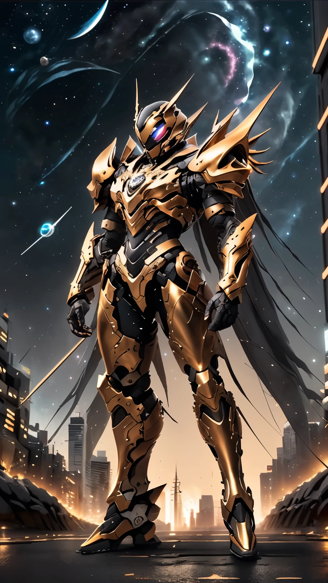 A woman adorned in fantasy-style full-body armor, a crown-concept fully enclosed helmet that unveils only her eyes, a composite layered chest plate, fully encompassing shoulder and hand guards, a lightweight waist armor, form-fitting shin guards, the overall design is heavy-duty yet flexible, ((the armor gleams with a golden glow, complemented by red and blue accents)), exhibiting a noble aura, she floats above a fantasy-surreal high-tech city, this character embodies a finely crafted fantasy-surreal style armored hero in anime style, exquisite and mature manga art style, (Queen bee mixed with Spider concept Armor), ((night sky, city night view, elegant, goddess, femminine:1.5)), metallic, high definition, best quality, highres, ultra-detailed, ultra-fine painting, extremely delicate, professional, anatomically correct, symmetrical face, extremely detailed eyes and face, high quality eyes, creativity, RAW photo, UHD, 32k, Natural light, cinematic lighting, masterpiece-anatomy-perfect, masterpiece:1.5