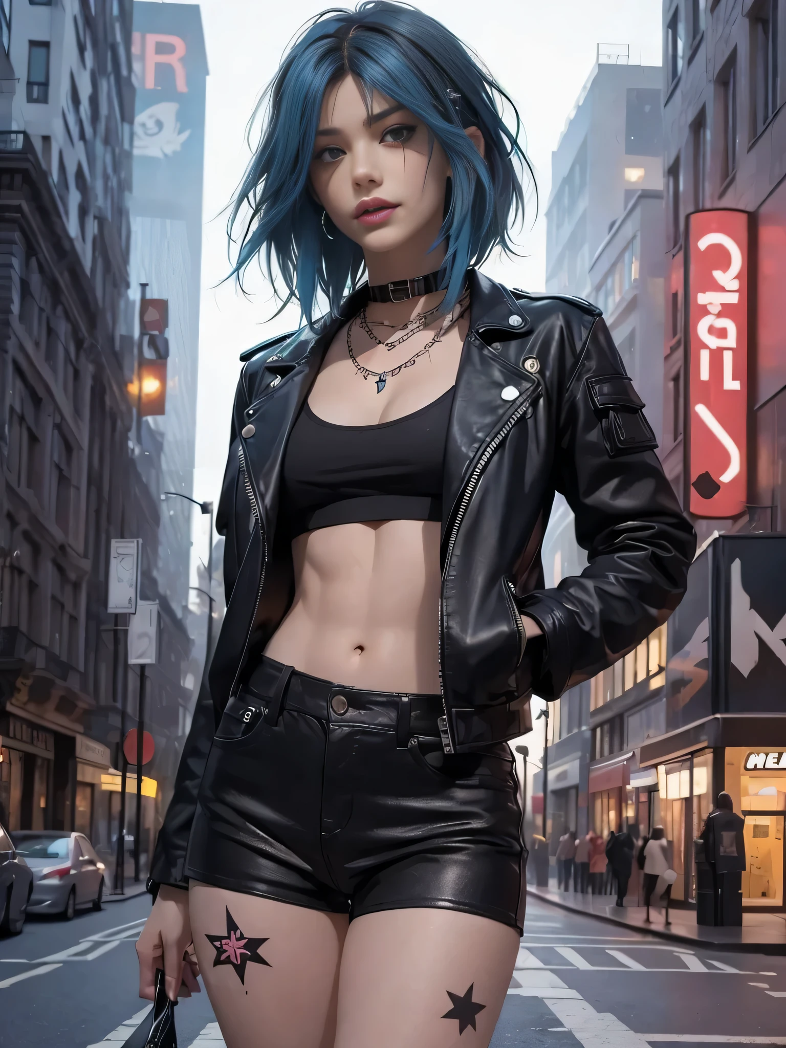 (((of the highest quality: 1.4))),(unparalleled masterpiece ever), (Ultra high definition),(Ultra-realistic 8K CG), offcial art、 (((adult body))), (((1girl in))), , Punk girl with a perfect body, Jacket with metal spines,Beautiful and well-groomed face,,Detailed punk fashion,leather jackets, (Image from head to thigh),(( dark blue hair with black streaks )), Small leather panties, Simon Bisley's urban savage style,Detailed London street background,Clean abs, Complex graphics, Dark pink with white stars and gray and white stripeany poison tattoos )), , chloeprice