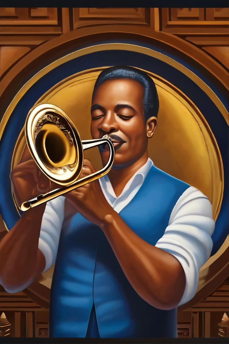 painting of a man playing a trumpet in front of a circular medallion, an airbrush painting by Conroy Maddox, cg society contest winner, funk art, pj crook, mark brooks detailed, artwork of pedro bell, jazz, stunning artwork, earl, james terrell art, detailed painting“, artwork, artwork ”, artwork”, clean detailed art, greg hildebrandt highly detailed