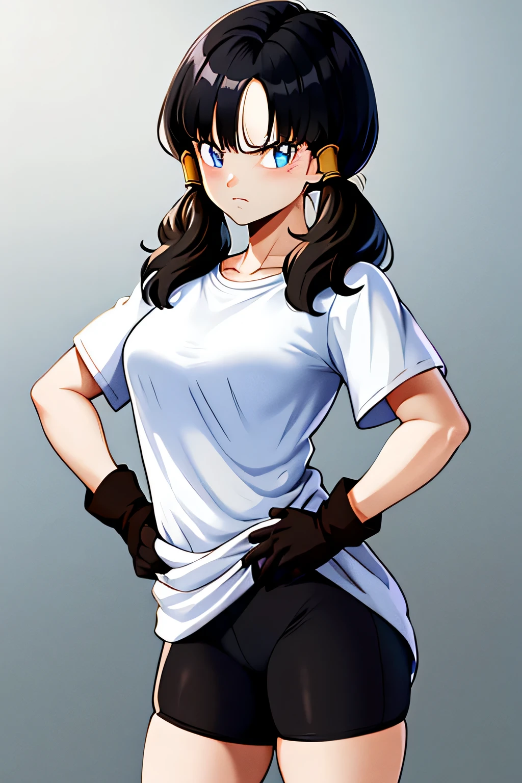 masterpiece, highest quality, High resolution, saw 2, alone, blue eyes, black hair, twin tails, black gloves, bicycle_shorts, bangs, white shirt, badge, medium breasts, cowboy shot, frown, put your hands on your hips, leaning forward, pointing at the audience,
