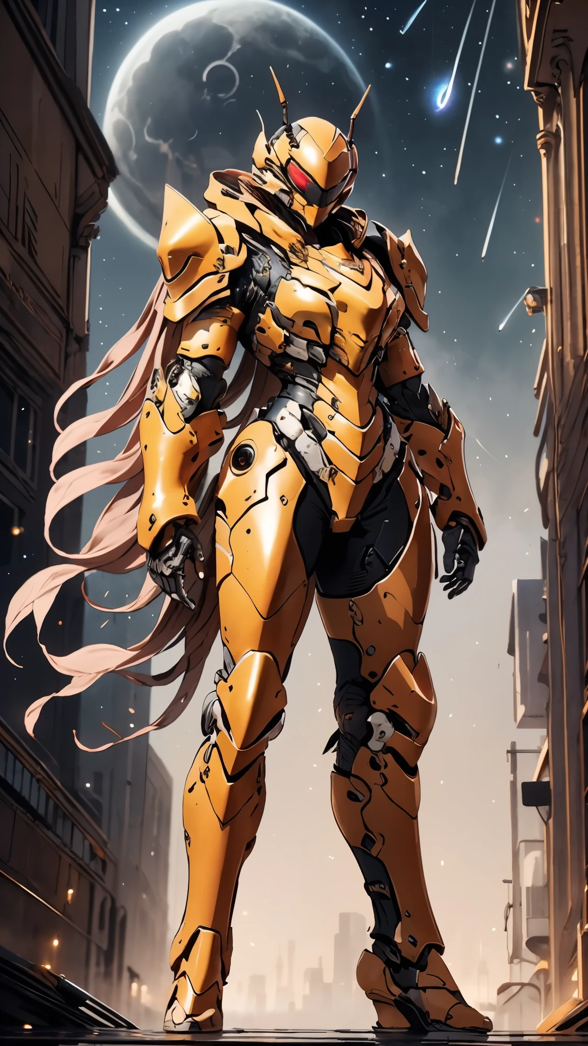 A woman adorned in fantasy-style full-body armor, a crown-concept fully enclosed helmet that unveils only her eyes, a composite layered chest plate, fully encompassing shoulder and hand guards, a lightweight waist armor, form-fitting shin guards, the overall design is heavy-duty yet flexible, ((the armor gleams with a golden glow, complemented by red and blue accents)), exhibiting a noble aura, she floats above a fantasy-surreal high-tech city, this character embodies a finely crafted fantasy-surreal style armored hero in anime style, exquisite and mature manga art style, (Queen bee mixed with Spider concept Armor, photorealistic:1.2), ((night sky, city night view, elegant, goddess, femminine:1.5)), Unreal Engine 5, metallic, high definition, best quality, highres, ultra-detailed, ultra-fine painting, extremely delicate, professional, anatomically correct, symmetrical face, extremely detailed eyes and face, high quality eyes, creativity, RAW photo, UHD, 32k, Natural light, cinematic lighting, masterpiece-anatomy-perfect, masterpiece:1.5