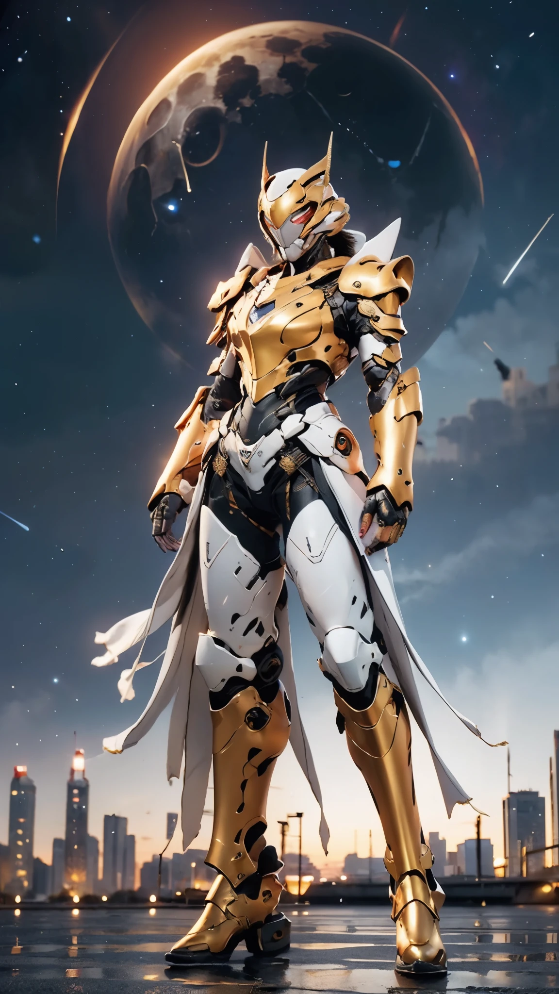 A woman adorned in fantasy-style full-body armor, a crown-concept fully enclosed helmet that unveils only her eyes, a composite layered chest plate, fully encompassing shoulder and hand guards, a lightweight waist armor, form-fitting shin guards, the overall design is heavy-duty yet flexible, ((the armor gleams with a golden glow, complemented by red and blue accents)), exhibiting a noble aura, she floats above a fantasy-surreal high-tech city, this character embodies a finely crafted fantasy-surreal style armored hero in anime style, exquisite and mature manga art style, (Queen bee mixed with Spider concept Armor, photorealistic:1.2), ((night sky, city night view, elegant, goddess, femminine:1.5)), Unreal Engine 5, metallic, high definition, best quality, highres, ultra-detailed, ultra-fine painting, extremely delicate, professional, anatomically correct, symmetrical face, extremely detailed eyes and face, high quality eyes, creativity, RAW photo, UHD, 32k, Natural light, cinematic lighting, masterpiece-anatomy-perfect, masterpiece:1.5
