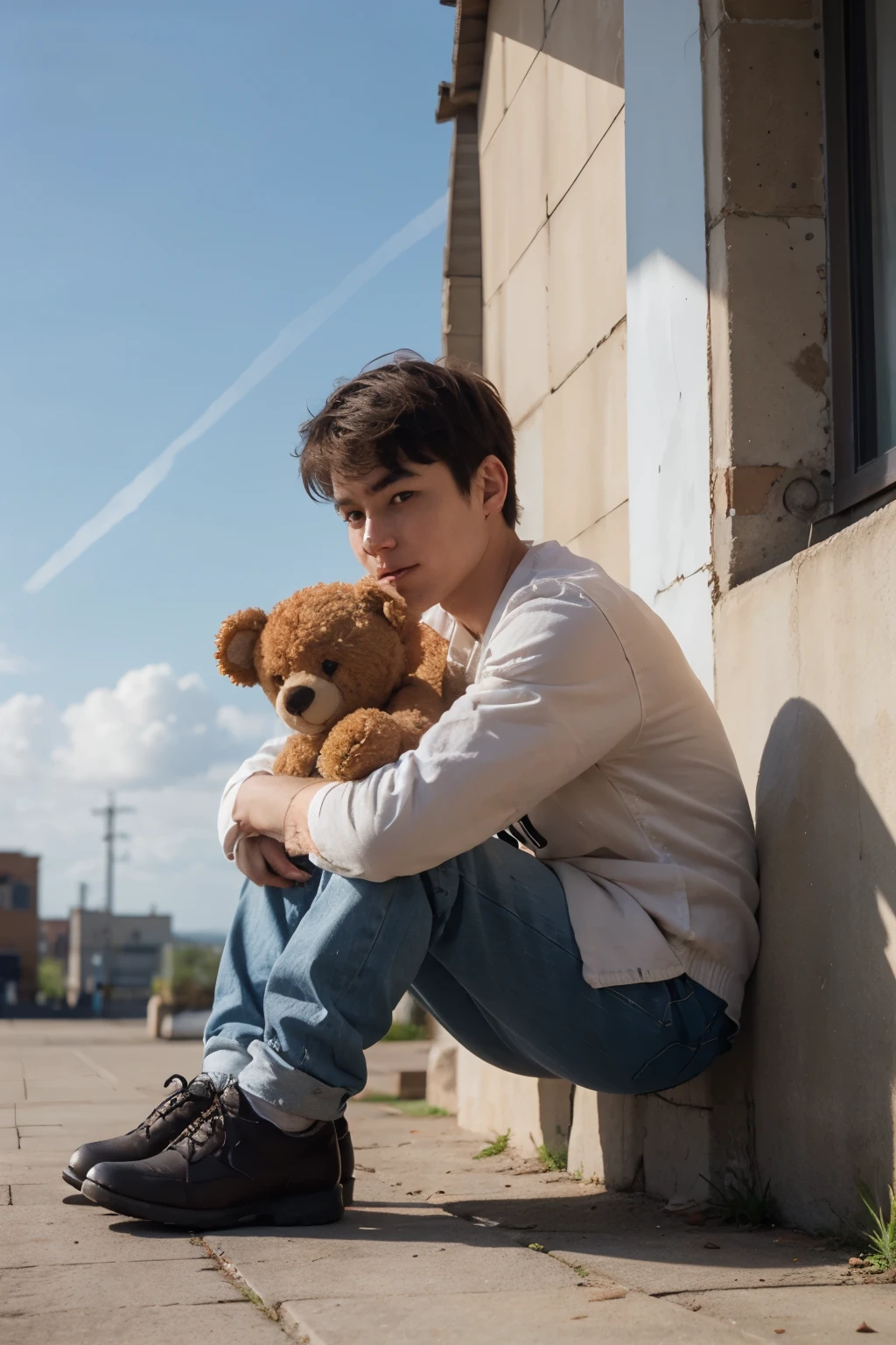A boy lonely sitting with Teddy bear under the blue sky