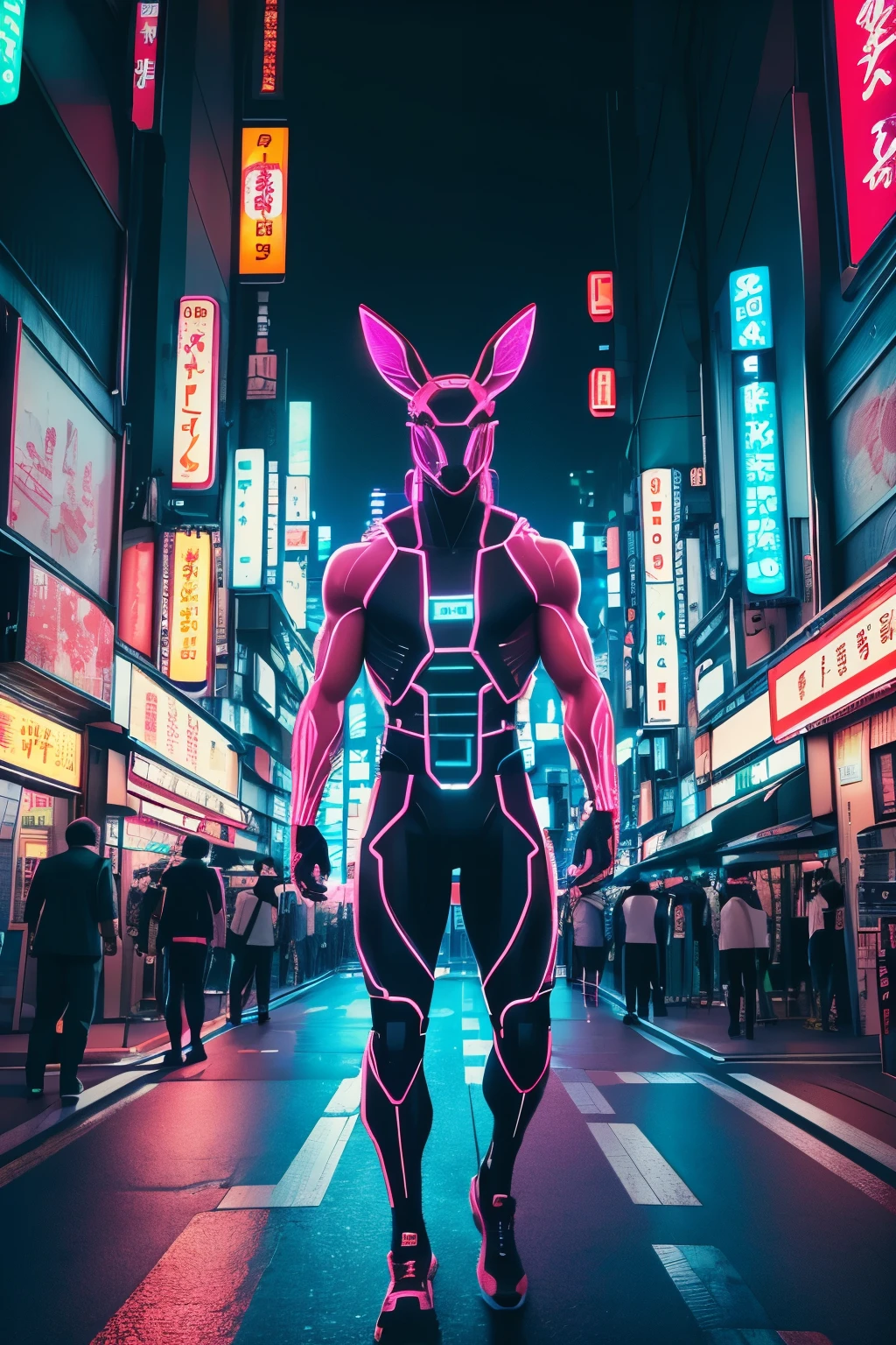 A human-like muscular kangaroo roaming the vibrant Tokyo streets, surrounded by the rich texture of 4k ultra clear neon lights. This cyberpunk scene showcases the realistic and intricate details of the kangaroo's muscular build, capturing the essence of a futuristic world. The detailed veiny texture of its skin adds to the realism, creating an engaging and visually stunning image.

((Muscular kangaroo)), ((Human-like)), ((Tokyo streets)), ((Neon lights)), ((Realistic: 1.3)), ((4k ultra clear: 1.25)), ((Cyberpunk: 1.1