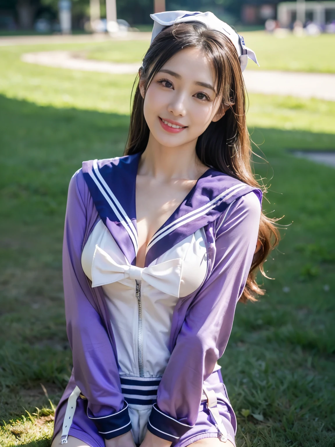 ((((highest quality))))、(((Ultra-precision CG16K wallpaper)))、(((masterpiece)))、(((Super detailed)))、(((super extreme details)))、1people's women、mature woman、25 year old woman、((Japanese face))、((very beautiful face))、((Wakana Matsumoto:1.5))、((straight semi-long hair))、(shiny hair)、bangs up to eyebrows、beautiful brown hair、beautiful delicate eyes、brown eyes、raised eyebrows、high nose、small nostrils、small mouth、seductive lipouth slightly open、beautiful breasts、((C cup size breasts))、cleavage、plump body、perfect proportions、perfect anatomy、perfect composition、beautiful detailed shading、beautiful natural lighting、beautiful detail glow、Depth of the bounds written、soft focus、(((High chroma)))、(((real:1.9)))、((vivid:1.4))、((beautiful skin))、((skin texture))、((realな皮膚感))、(((cowboy shot:1.5)))、((Angle seen from the front:1.5))、((smile:1.4))、(Eyes looking at me:1.5)、bright sunshine、(((lawn square:1.3)))、(model pose:1.5)、(((High school girl wearing light purple sailor suit:1.6)))、