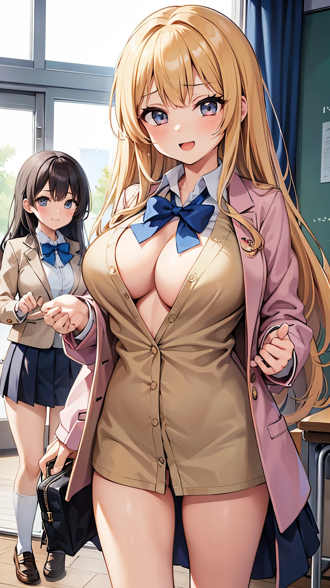 girl,happy,(gyaru),((2girls)),((((open clothes,))))(school uniform),large breasts,