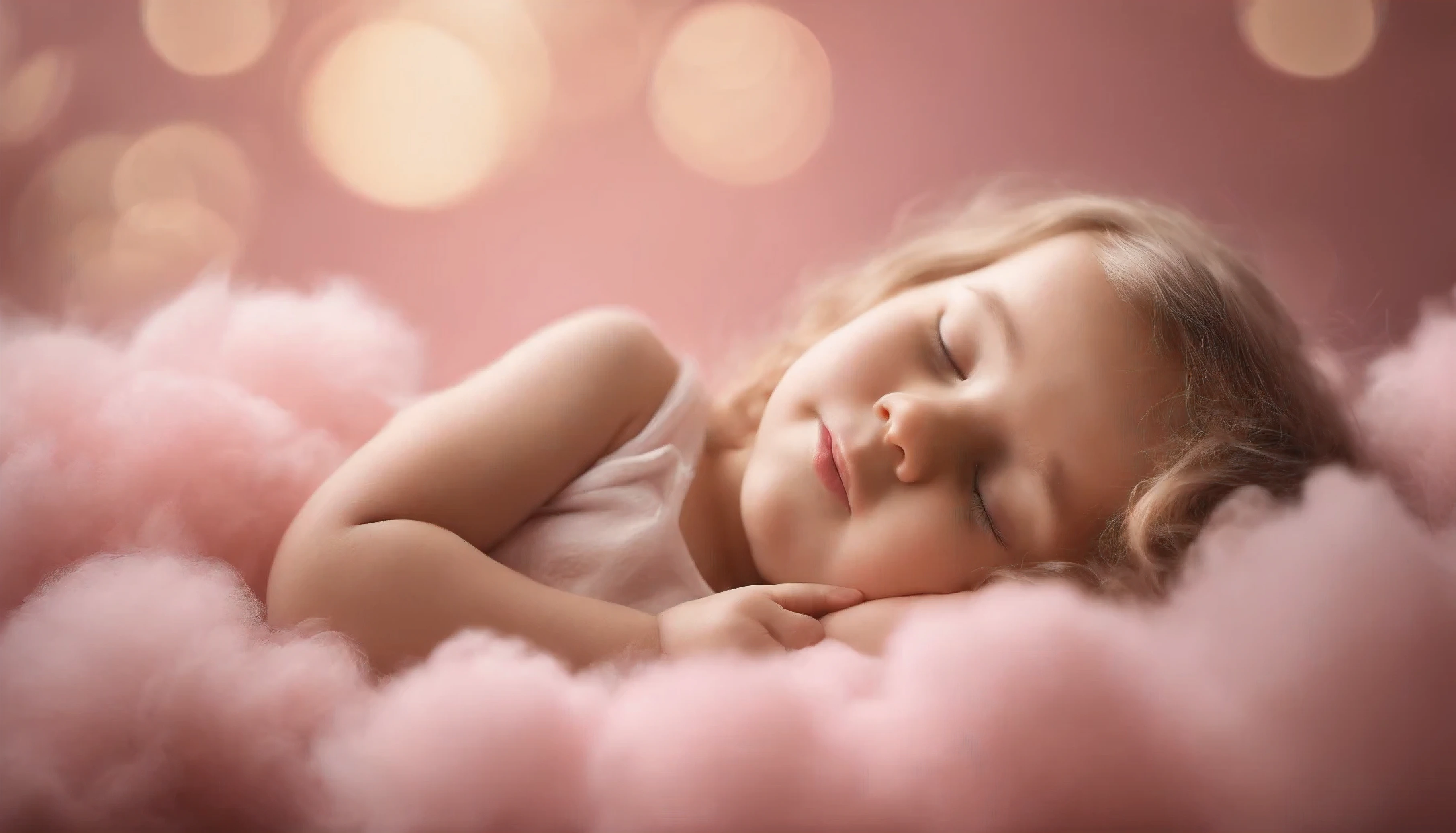 Create a whimsical and heartwarming image of a small, adorable  sleeping peacefully on a fluffy cloud. The  should be depicted in a comfortable and serene pose, emphasizing the innocence and tranquility of sleep. The cloud should be soft and inviting, resembling a cozy bed in the sky. Surround the scene with a pastel-colored background, perhaps with gentle shades of blue and pink, to enhance the dreamlike atmosphere. The 's expression should be content and peaceful, capturing the essence of sweet dreams. The overall tone of the image should convey warmth, comfort, and a sense of whimsical charm