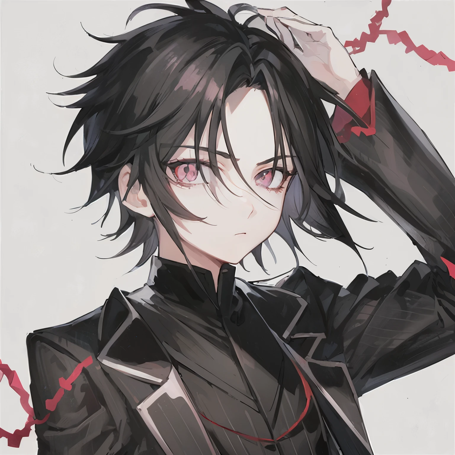 1man, anime, short_black_hair, black_eyes, symmetrical_bangs, clean_forehead, gray_and_red_pinstripe_coat, close_up, white_background, looking_at_viewer