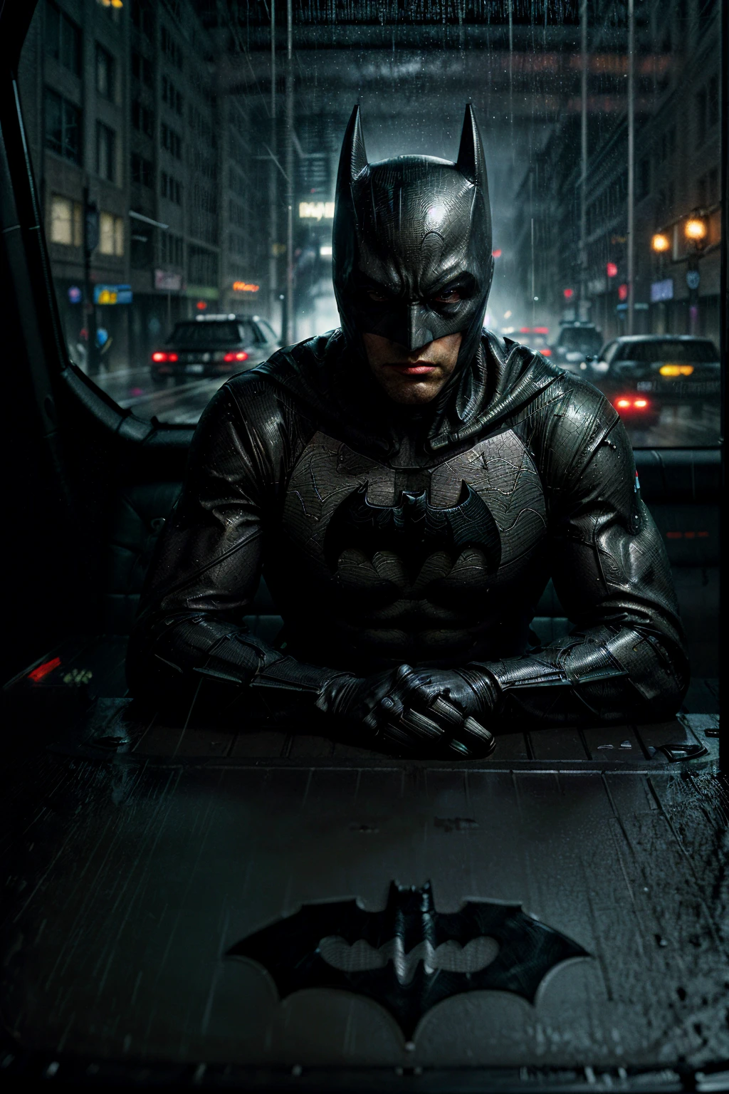 Batman, behind the wheel of the Batmobile (a sleek, high-tech, black armored vehicle), camera focused on the windshield (through the glass, you can see the character sitting in the car seat, gripping the wheel like a racecar driver), dynamic scene, bright color palette, maximum detail, maximum realism and processing. The background is the dark, rain-soaked streets of Gotham City, with neon lights reflecting off the wet pavement. Special effects include raindrops streaming down the windshield and the Bat-Signal illuminating the sky.

