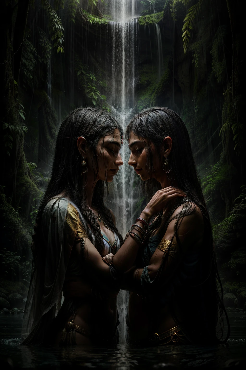 In the heart of a breathtaking jungle, a realistic portrait emerges of Lord Shiva and Goddess Parvati, deeply engrossed in each other's gaze. The historical figures are beautifully depicted in an oil painting, with intricate details that bring the artpiece to life. Lord Shiva is adorned with serene features, his third eye closed in deep meditation. His body is covered in smeared ash, a symbol of his devotion and detachment. Goddess Parvati, by his side, is portrayed with a gentle smile playing upon her lips, her large, almond-shaped eyes meeting Shiva's. Her dark, wavy hair cascades down her shoulders,