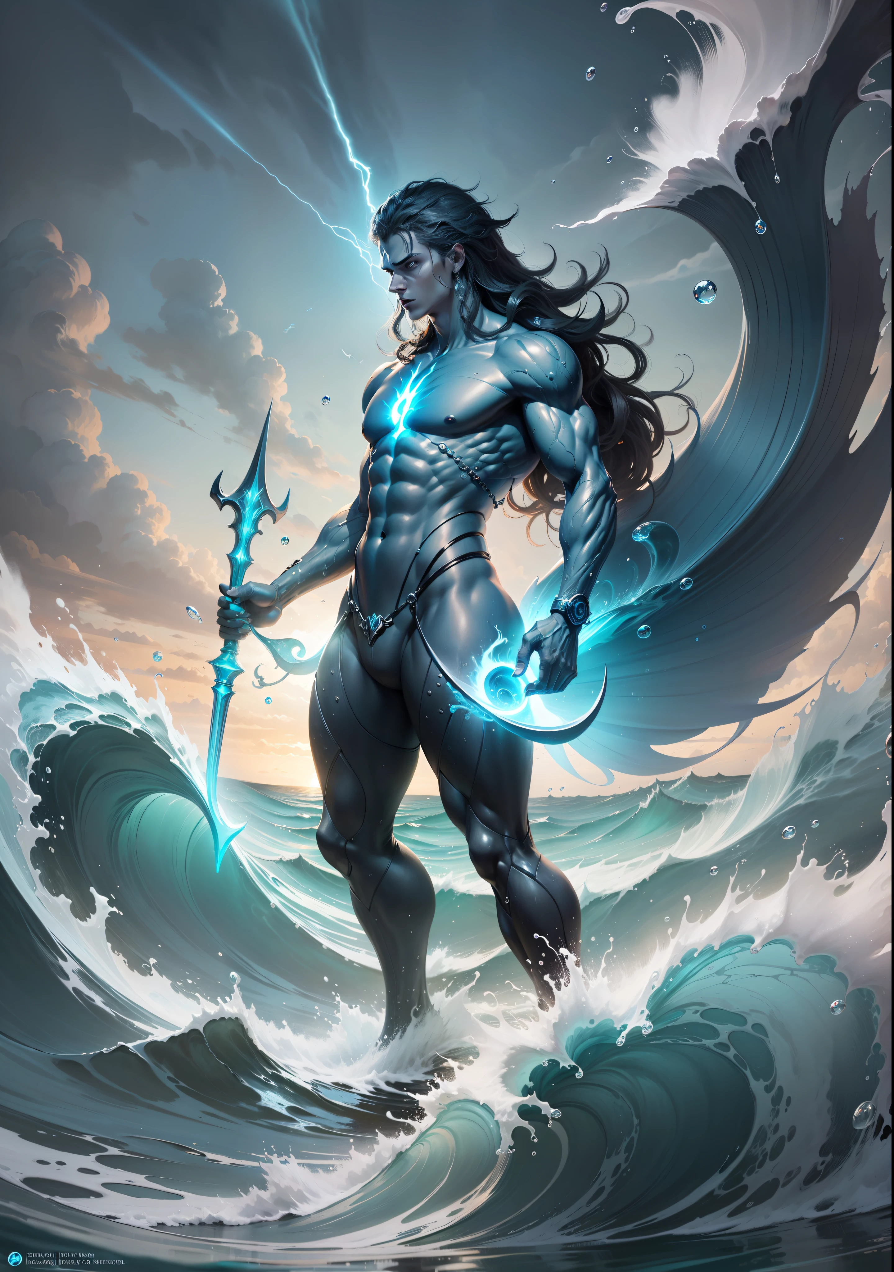 4k realism, (water element, humanoid body made of water: 1.2) sapphire aesthetic, full body, sky background, fantasy art, made of water, body of water, monster, male, male element, masculine, double exposure of otherworldly seascape, fused with the image of Neptune's trident piercing the surface of the water, creating dramatic energy and waves, palatial figures of gods towering in the background, evoking a sense of power and control over the power of the sea, illustrations, digital art