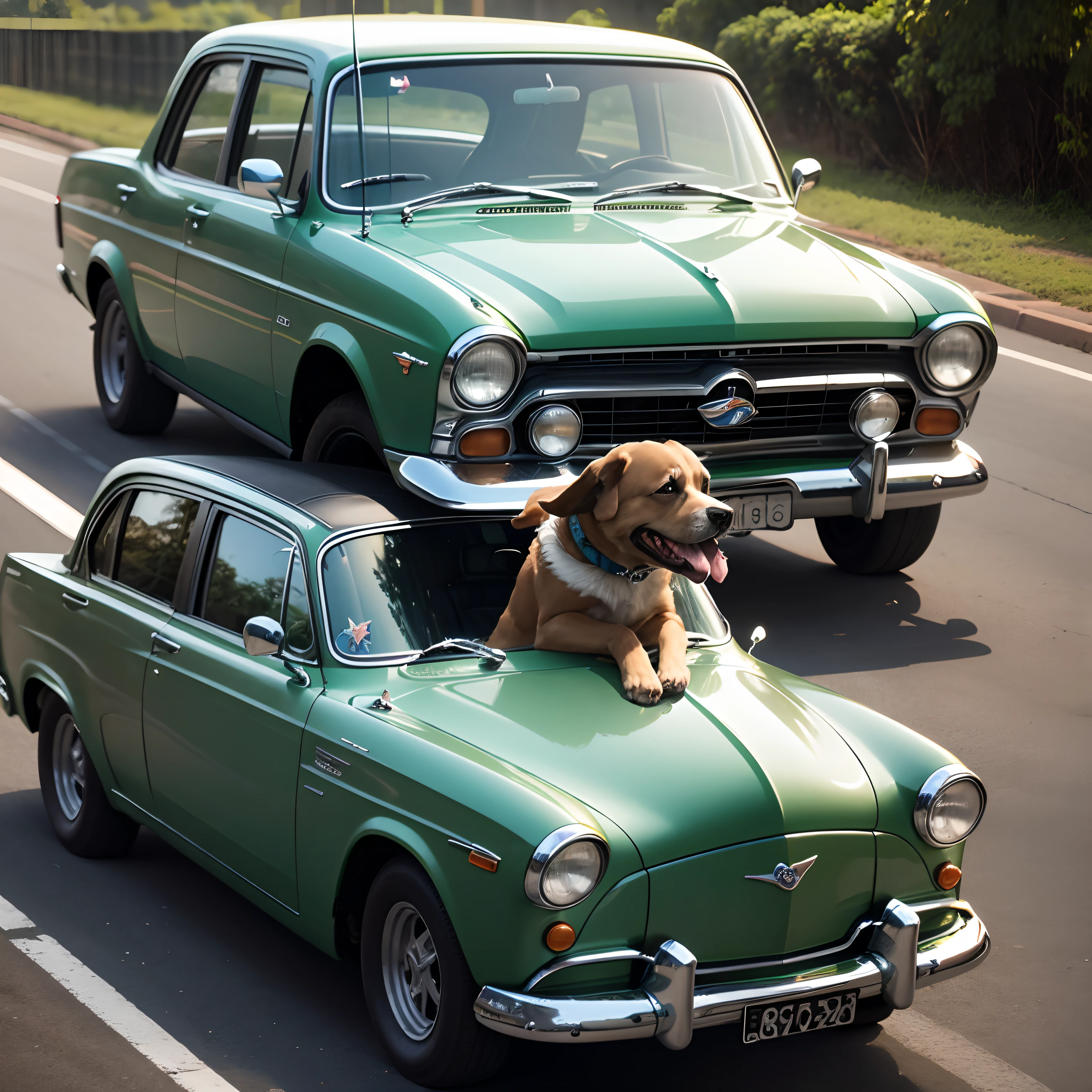 Cachorro dirigindo um carro verde