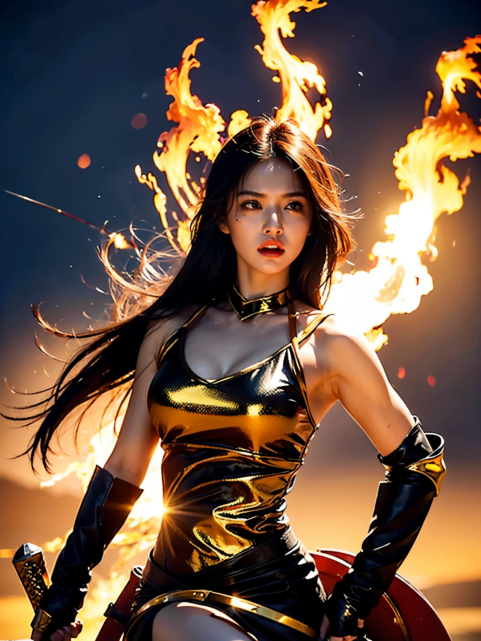 Subject description：A female warrior stands on the top of a mountain，Holding a shining sword，Behind it  a roaring flame。

Image quality：high definition，Rich in detailull color。

Ambient lighting：sunset，The golden sunshine shines on the female warrior，Create a warm and majestic atmosphere。

composition etc.：Place the female warrior on the right side of the screen，Use diagonal composition principles，Highlight her strength and determination。Flame as background element，Increase fighting spirit。

Image proportions：3:2
