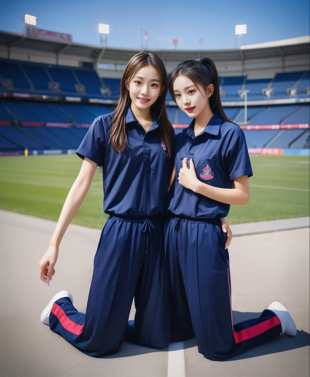 (best quality,10,10,height,Masterpiece:1.2),Special details,(realistic,ภาพrealistic,Realistic photos:1.37),1 cute girl on the football field,shiny, ผิวshiny,only,smile softly,BDclothelue shirt:1.3)),short sleeve,shirt, กางเกงขาlong.,(navy_long_track pants:1.1), ((stadium background:1.3)),Dynamic angle,excited,Face focus,dynamic poses,from behind,focus on ass,Masterpiece, best quality, ultra realistic, hyper-detail, 8K resolution, raw photos, Sharp focus, ((Navy blue shirt:1.1)), short sleeve, เส้นทางlong, perfect body, 2 mature women, 18 years old, Cinema-grade lighting system,blue sweatpants,shirtผ้าออกกำลังกาย,correct anatomy,perfect body, correct body, Sharp face, correct bodyทางกายวิภาค, full body, realistic gestures, long-haired, realistic poses,Wear long shorts................................,ช่วงขาlong,Good shape,carved girl, Slender figure, model, Good shape, beautiful body,blue sweatpants, two girls kissing
