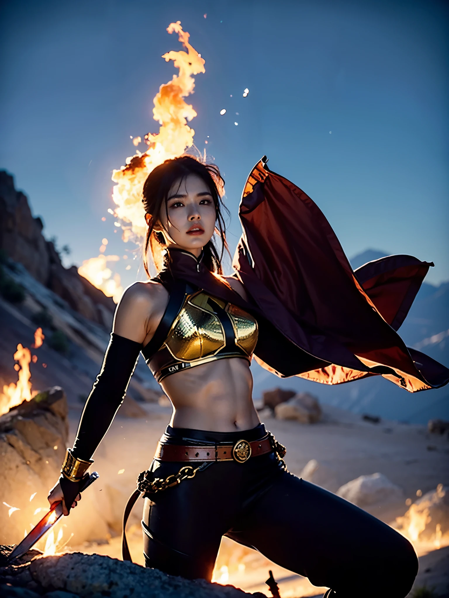 Subject description：A female warrior stands on the top of a mountain，Holding a shining sword，Behind it  a roaring flame。

Image quality：high definition，Rich in detailull color。

Ambient lighting：sunset，The golden sunshine shines on the female warrior，Create a warm and majestic atmosphere。

composition etc.：Place the female warrior on the right side of the screen，Use diagonal composition principles，Highlight her strength and determination。Flame as background element，Increase fighting spirit。

Image proportions：3:2