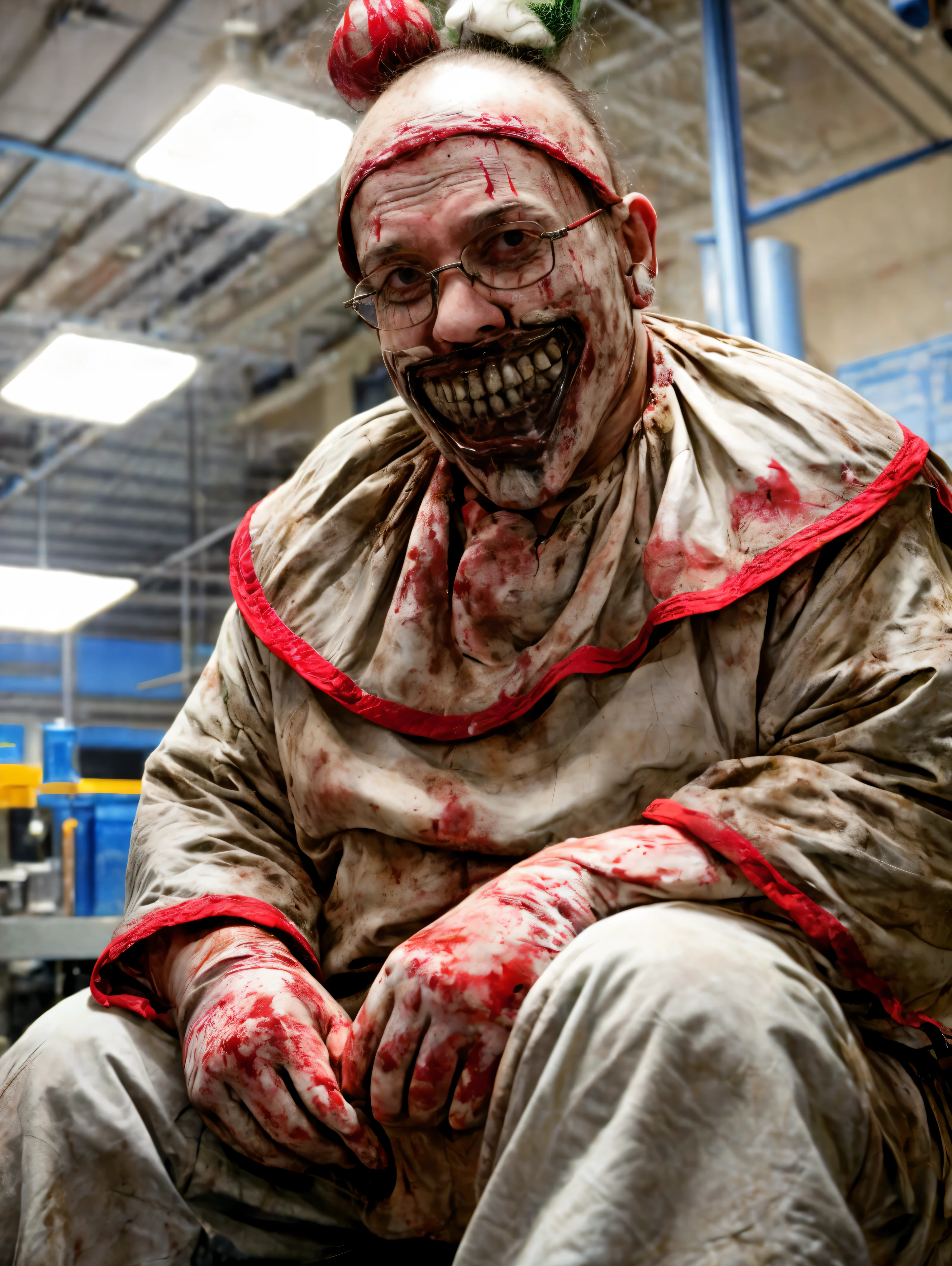 analog photo , tw1sty, bloody mouth, bloody face, glasses, as a scientist sitting in a lab, sitting behind gurney facing viewer, lab-coat, close-shot low-angle 8k uhd, dslr, dramatic-lighting, high quality, film grain, portrait, Fujifilm XT3, detailed high saturation