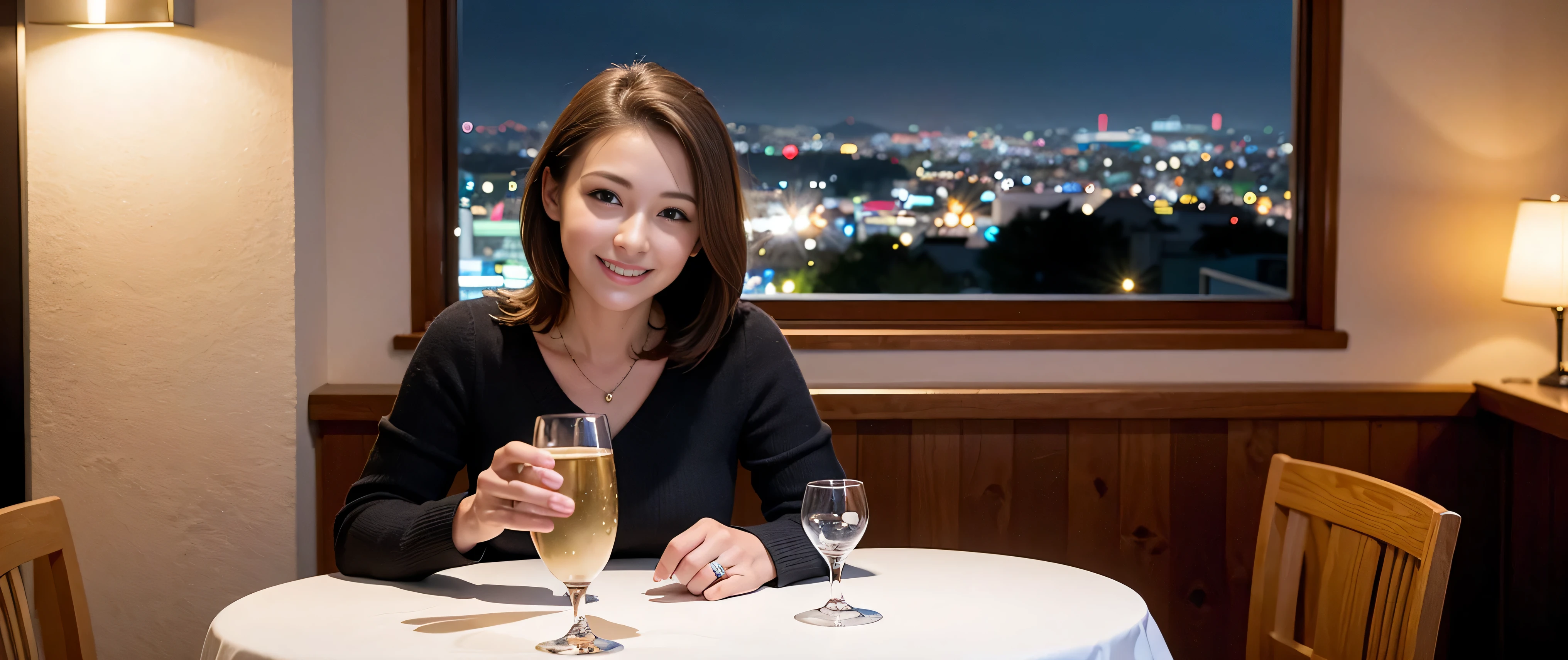 64k, Hmm, highest quality, masterpiece: 1.2), (realistic, photorealistic: 1.37), Spectacular view of the sunset sky and clouds、Amazing mountain views、slimな美女3名, (slimフェイス),Happy、 Japanese sake、White wine、最高なsmile、Fox face、Berry Short、(because I'thin), (brown hair), (shortcut), long sleeve shirt、winter fashion、Colombian、Brazilian、Japanese、Dutch、German、Portuguese、Belgian、Italian、French,Champagne、sparkling wine、 (Squirting), (slimボティ), (brown hair), (shortcut), neat beauty、cheeks turn a little red, (42 years old), 38 years old, alone, A beautiful and detailed night view spreads out outside the window......, restaurant, wine glassが座っている, At night, in a prominent place (from the Upper body) nova frog style, actress, model, Upper body, White wine, slim, wine glass, Very beautiful night view, wine glass Put in the Middle, Happy smile, (smile: 1.15),