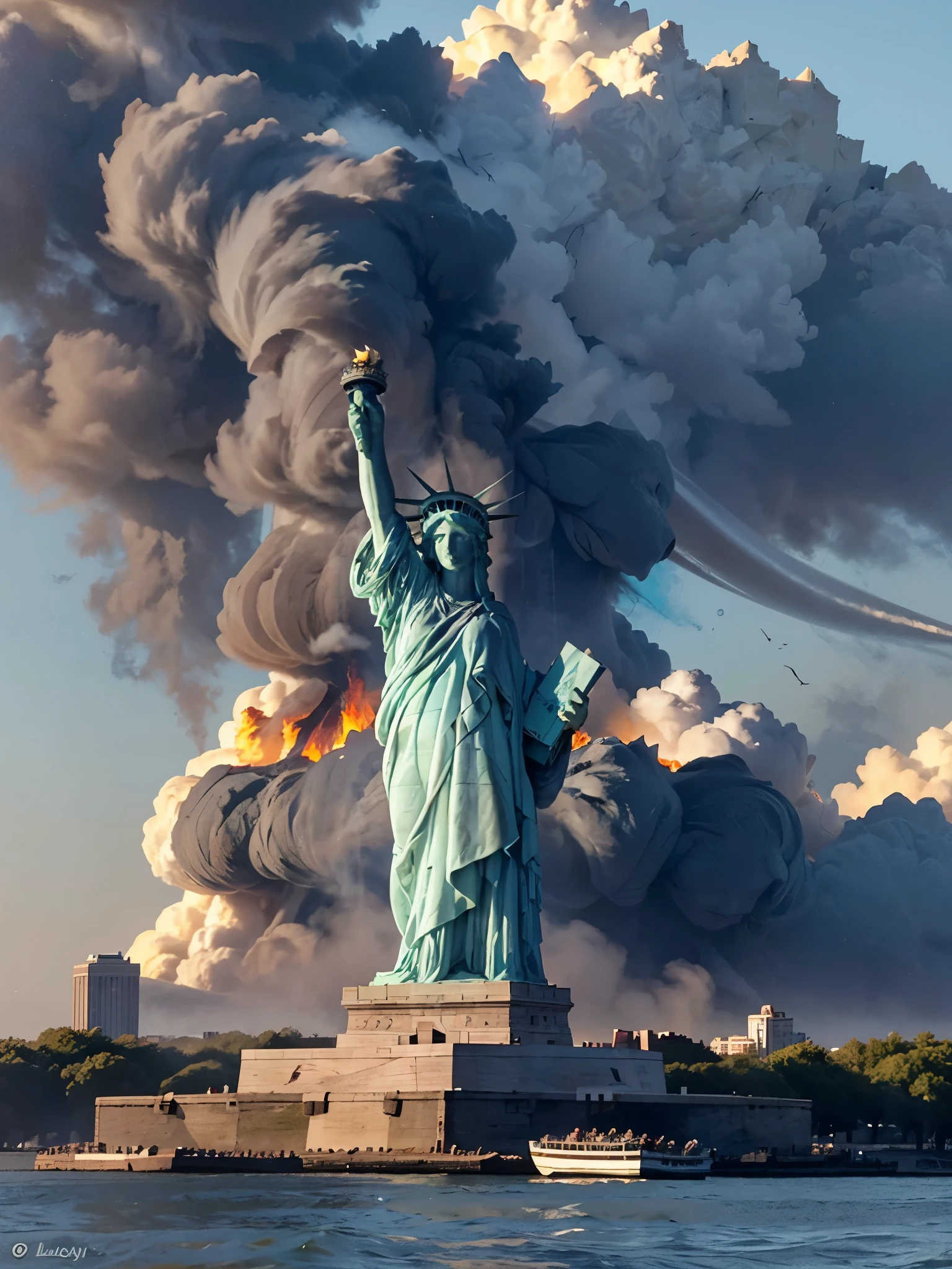 lady-liberty, front view, a statue of liberty is shown against a cloudy blue sky. ((lady-liberty in flames)). ((lady-liberty burns)). clouds, broken arms, basement of stones demolished in flames, water, Liberty Island, trees in fire, burning around, smoke, fog, dramatic landscape of burning skyscrapers