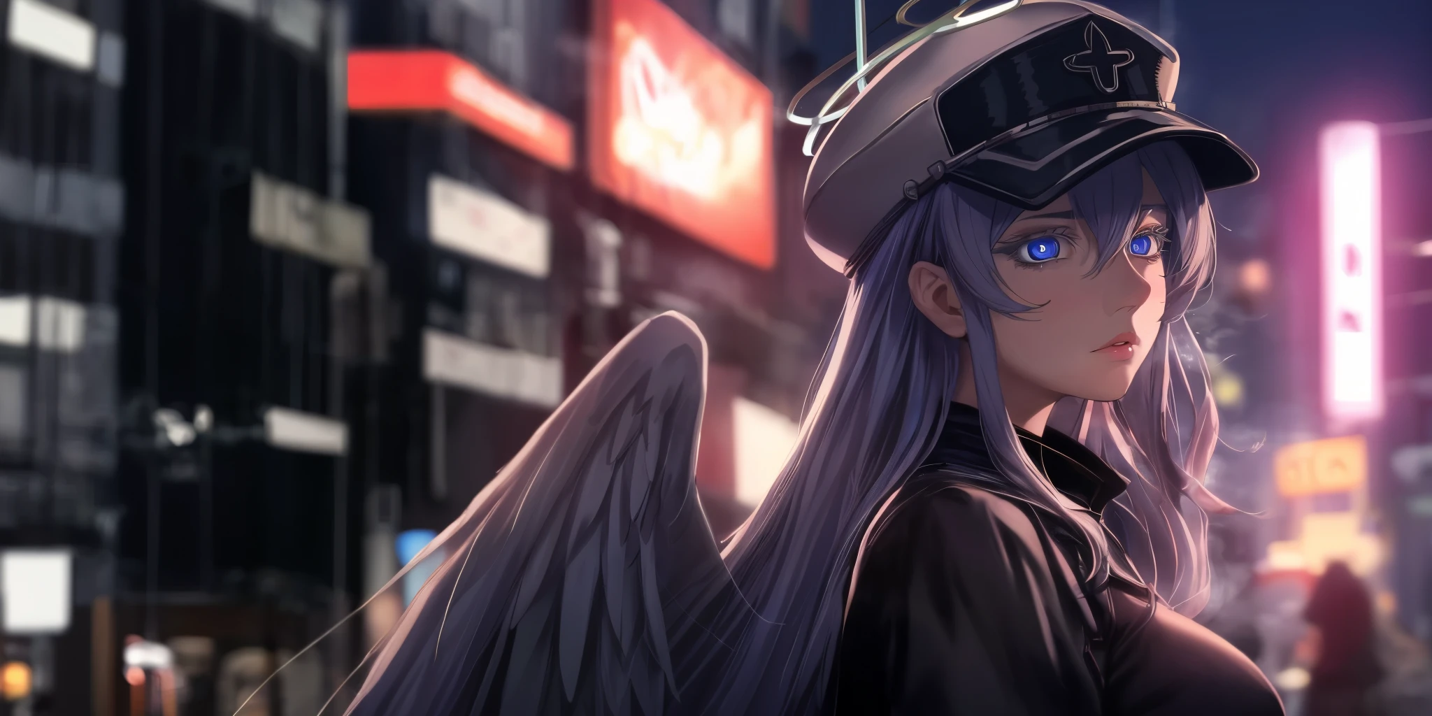 Esdeath, breasts, long hair, blue hair, blue eyes, hat, solo, very long hair, peaked cap, Anime girl with angel wings and halo in city night, Burgundy hair，angelic halo，Cyberpunk Uniforms，looks into camera，delicated face，Hydrated red eyes，detailedbackground，at centre，insane detailed，Ultra-high sharpness，concept-art，number art，with dynamism，（The most beautiful art in the world：1.2），（V0id3nergy：1.3）, heavy breathing, blue eyes, hollow eyes, lips, expressionless, steaming face, glowing eyes, white eyelashes