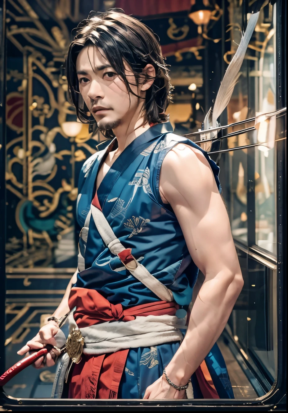 holding a red bow and arrow、wearing a blue kimono、His face is stern and he's glaring at something.、The background is in the forest