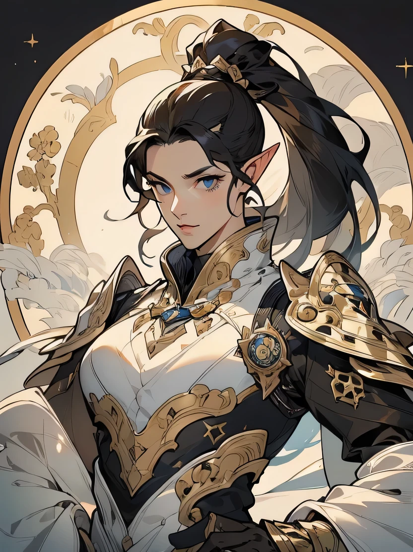 ((masterpiece、highest quality、Super detailed、High resolution、sharp focus、cinematic lighting))、((1 female、bust shot))、Portrait of a beautiful female elf 、40 years old、focus from the chest up、elaborately patterned cloth cloak、Textured black leather armor and leggings、Chalkboard armor with delicate carvings、black leather gloves、tall、well-proportioned body shape、big breasts、((black hair ponytail))、enchanting blue eyes、clear eyes、highly detailed face、Fine ears、detailed eye、view audience、Detailed depiction of hands、dynamic action、Beautiful medieval cityscape and castle in the background、Detailed background depiction、didn't write