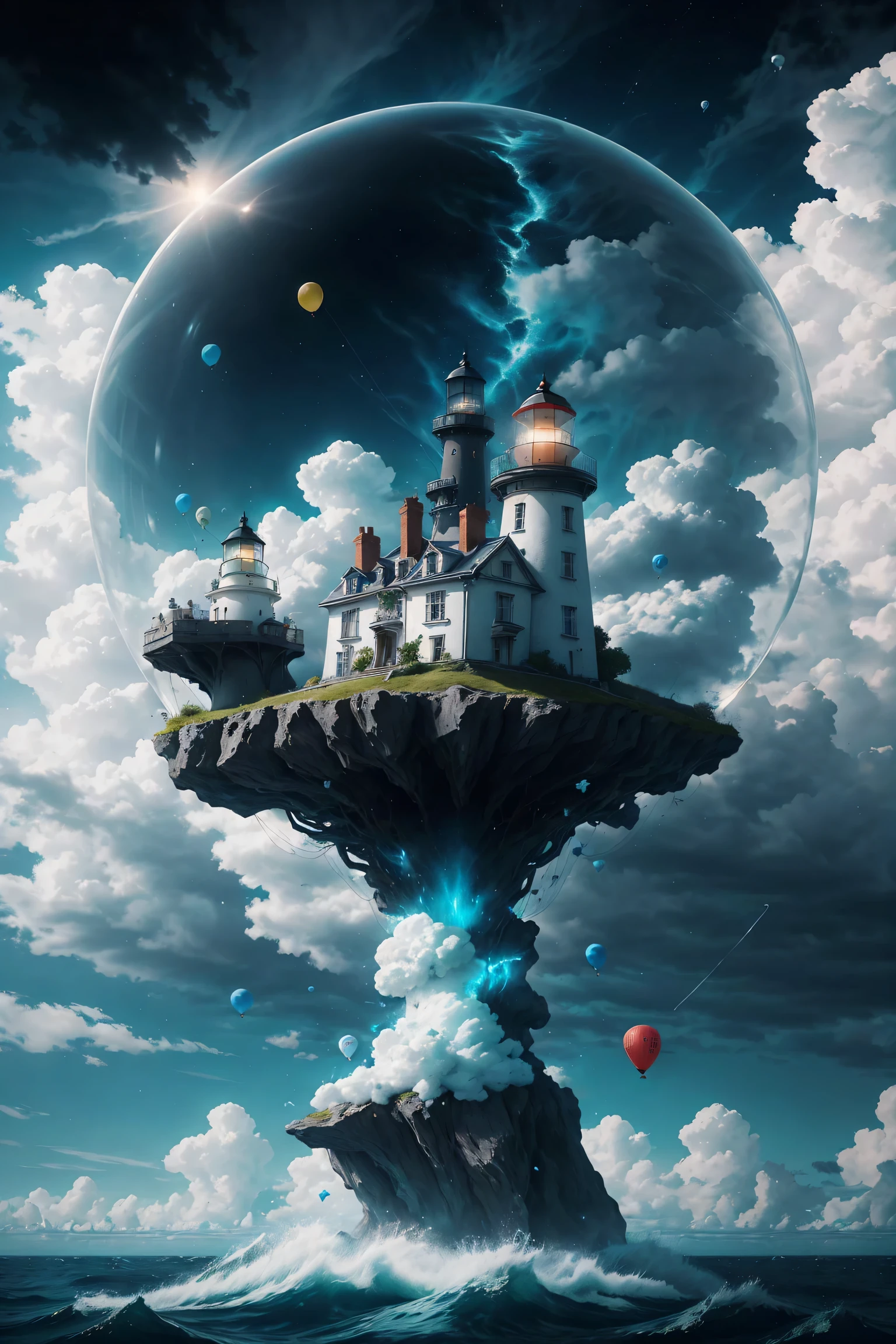 giant blue balloon, epic Lighthouse floating on balloons, ((wind effect)),(mythical atmosphere),light is penetrating through clouds, magnificent clouds, blue theme, epic ocean, in another planet