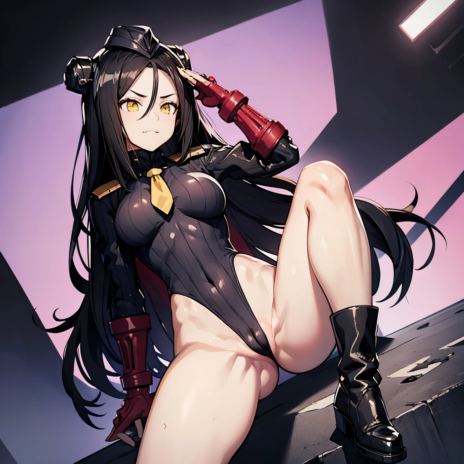 ultra-detailed, Explicit, Beautiful body, Beautiful Nose, Beautiful character design, perfect eyes, perfect face, ultra highres, 4K, beautiful legs, perfect legs, Nice hands, Perfect hand, Masterpiece, Best Quality, Highly detailed, illustration, absurdres, perfect anatomy, street fighter, doll suit, shadaloo doll, dollsuit, expressionless, blank eyes, looking at viewer, red gloves, emotionless, black latex, corrution, mind control, female combatant, full body, hypnotized, unhappy trance, full body suit, ribbed bodysuit, both arms at side, obey, perfect female body, extremely glossy latex, hypnosis, hypnoLora, empty eyes, Mind control device, poses, submissive_pose, Slave, sitting straight, sitting, sitting at attention, hat, necktie, belt, latex, ribbed bodysuit, thighhighs, garter belt, Fighting Stance, extending the right arm from the shoulder into the air with a straightened hand, military, thigh boots, black pantyhose, (((pixel-perfect, detail-perfect))), solo, 1girl, hair ornaments, very long hair, black hair, hair ribbon, yellow eyes, Dreamer, Girls Frontline, small breast, evil smile, evil grin, saluting, salute, military saluting