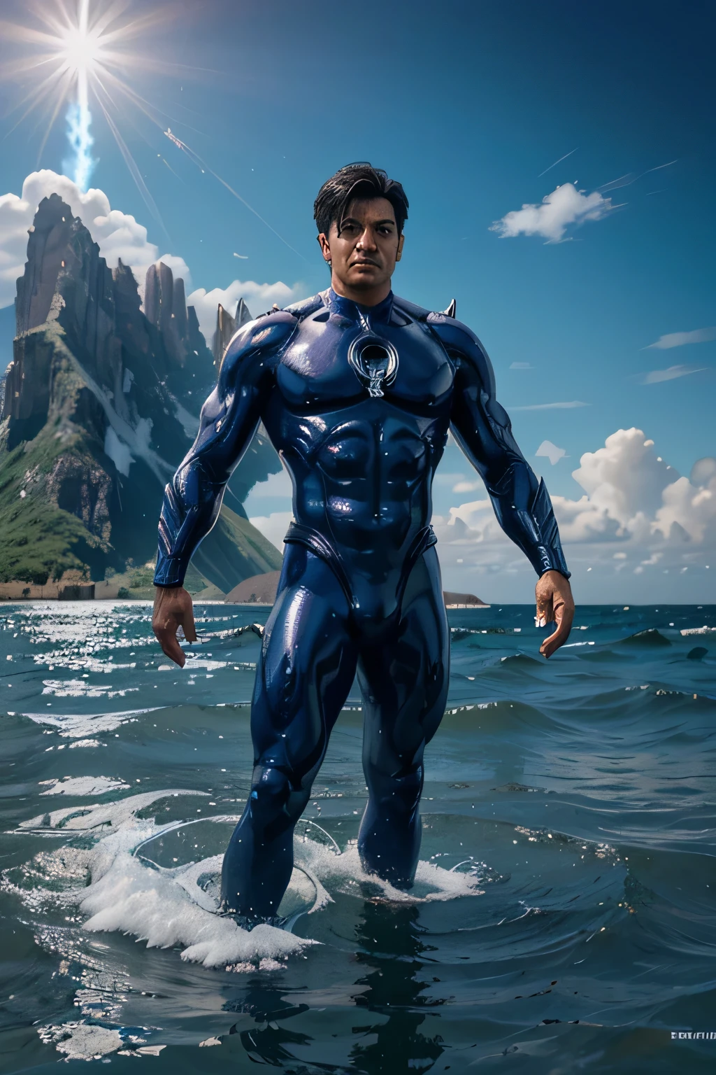 4k realism, (water element, shaktimaan made of water: 1.2) tv show shaktimaan, full body, sky background, fantasy art, made of water, body of water, monster, male, male element, masculine, double exposure of otherworldly seascape, fused with the image of Neptune's trident piercing the surface of the water, creating dramatic energy and waves, palatial figures of gods towering in the background, evoking a sense of power and control over the power of the sea, illustrations, digital art
