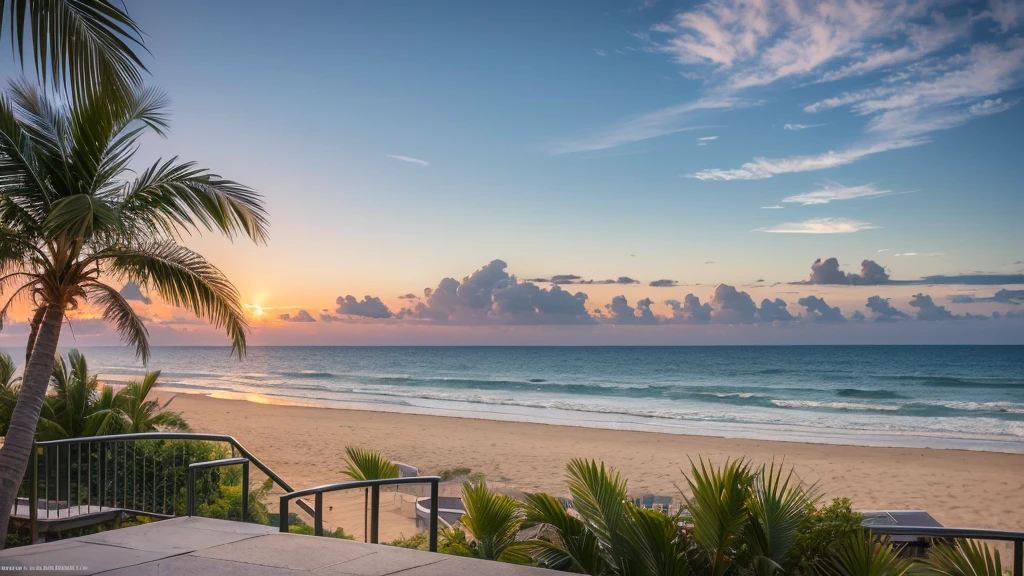 I can see the sea from inside the room, the waves are crashing, the waves are calm, there is a table and chairs on the balcony, there is a coffee cup on the table, the sun is rising in the sky, there are almost no clouds. , there is a sandy beach. A tropical seaside landscape with few buildings and palm trees, and a serene landscape where the sun reflects on the water and sparkles.