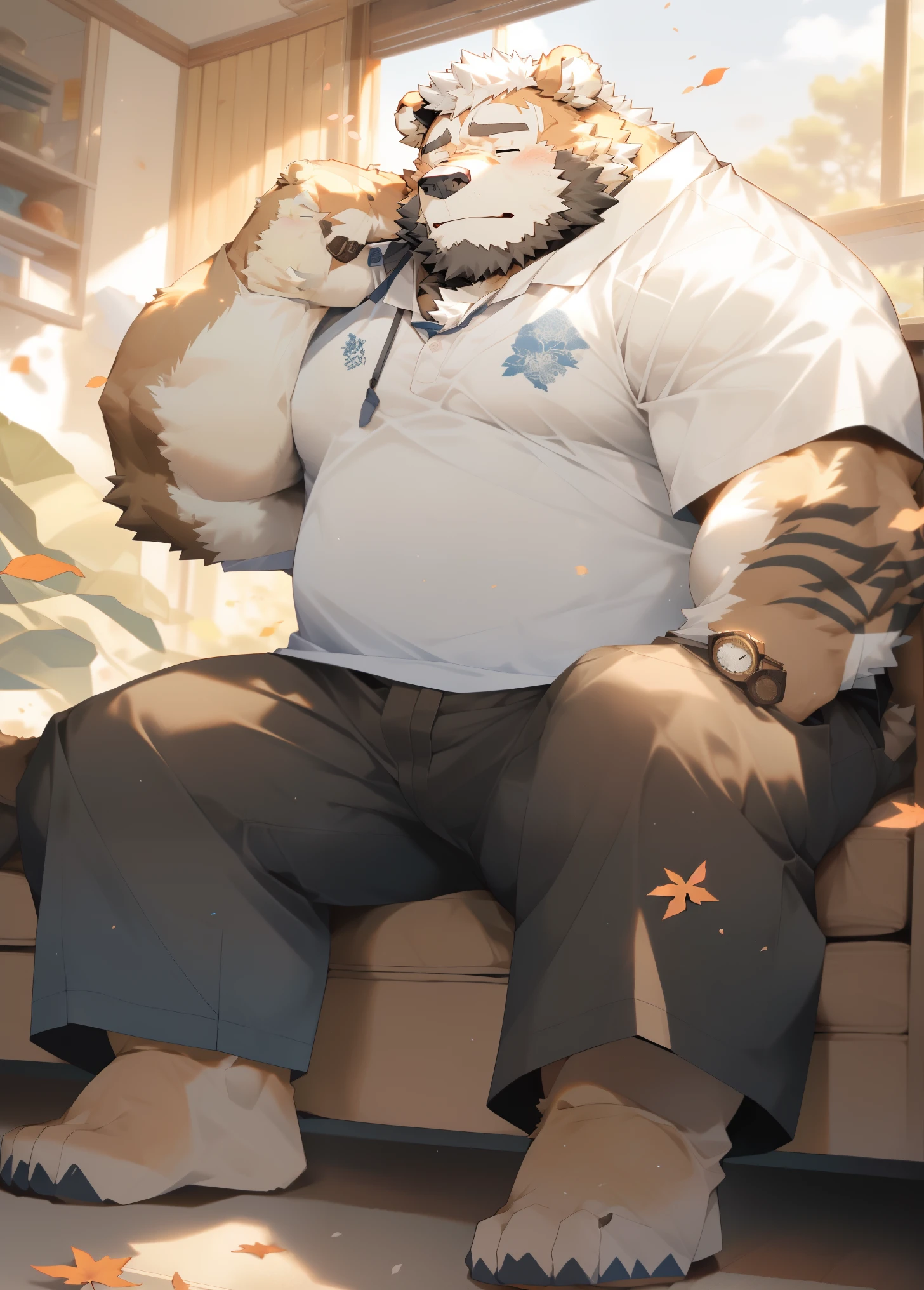 Solo, male, laying on couch in living room, bulge, by bigcozyorca, by goonie-san, by bebebebebe, by spikedmauler, front view, big buff , bear,  nice fur, bushy tail, buff, wearing underwear, steam, panting, blush, hearts, handsome expression, hard cock, boner, throbbing boner, older, sexy pose, beard, massive bulge, throbbing movement around cock, looking at viewer, close up, cock detailed outline, on top of viewer, underwear cock outline, exposing boner, dad, dad bod, daddy