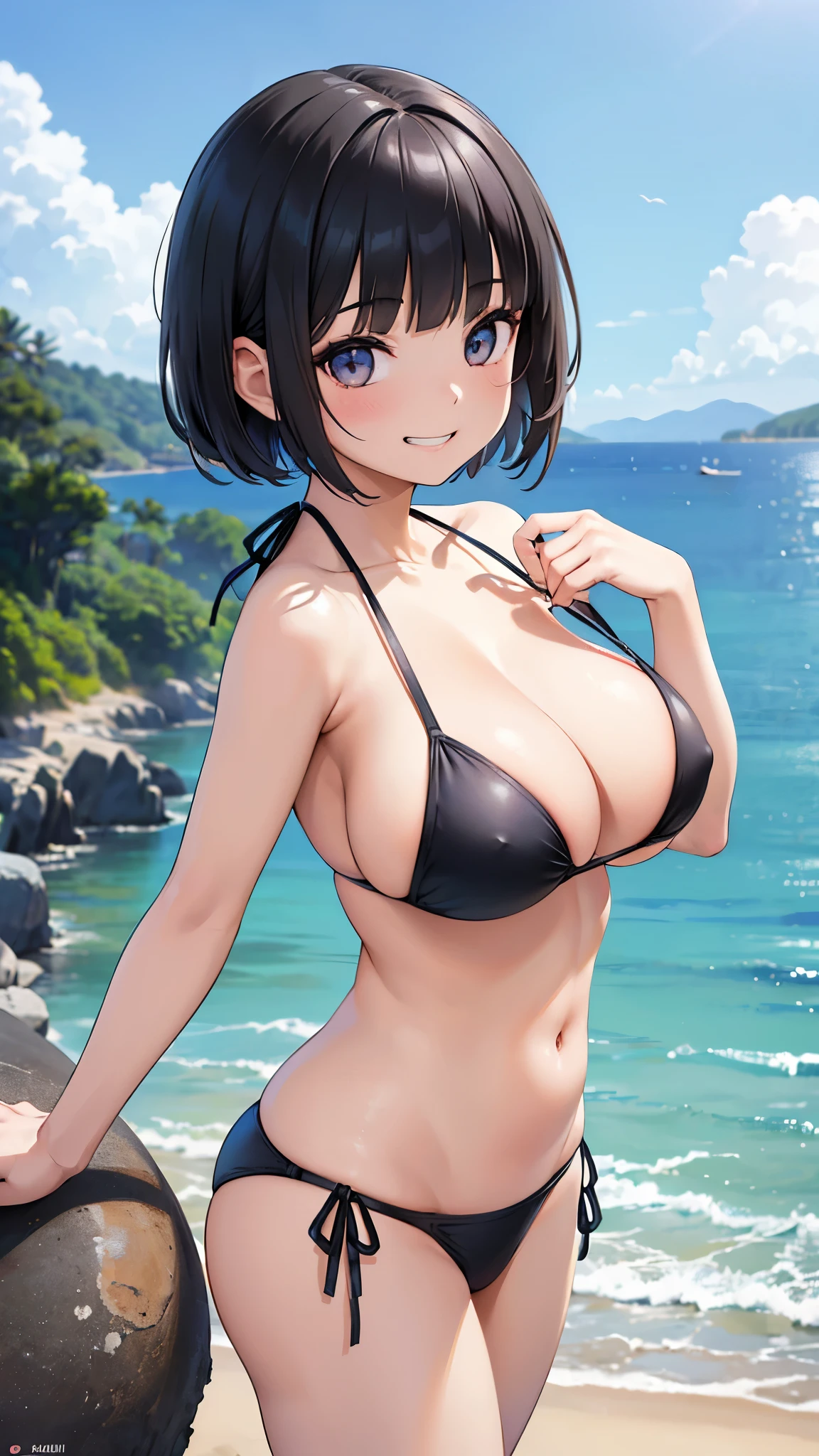 2girls, 18yo Japanese girl, nsfw, (side by side:1.3), (bikini), superb view beach background,
BREAK,
(best quality, masterpiece, ultra high res:1.2), (photorealistic:1.4), RAW photo, ultra detailed,
(round face and eyes:1.5), (huge breasts, bursting breasts:1.2), cleavage,
(black hair and eyes, short hair, blunt bangs:1.2),(grin,smiling:1.3),
ulzzang-6500-v1.1, 