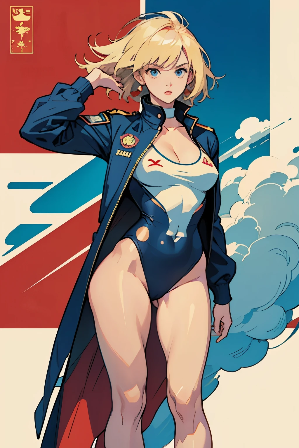 CCCP poster, soviet poster, Soviet flag in the background, 苏联poster, Soviet Union poster, October, ((中国党poster, 苏联poster)) (blond 18岁女孩 holding up her hand in the air) 宣传poster, poster, Soviet flag on poles, blue sky with fighter jet, , 1 girl, alone, Good shape, High cut split swimsuit，poster设计, poster art style. 1980s, 1950s, 1960s, basic colour scheme, Very colourful poster, colour art, rule of thirds, Encouraging, General, officer, Miss, 1 mature girl, hair blowing in the wind, hands in the air, sexual, pointing with finger, red square background, Thick legs.