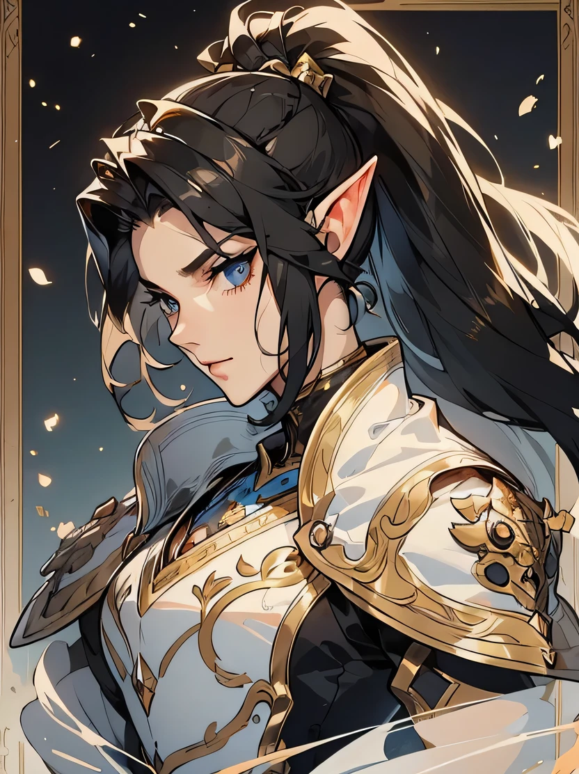 ((masterpiece、highest quality、Super detailed、High resolution、sharp focus、cinematic lighting))、((1 female、bust shot))、Portrait of a beautiful female elf 、40 years old、focus from the chest up、elaborately patterned cloth cloak、Textured black leather armor and leggings、Chalkboard armor with delicate carvings、black leather gloves、tall、well-proportioned body shape、big breasts、((black hair ponytail))、enchanting blue eyes、clear eyes、highly detailed face、Fine ears、detailed eye、view audience、Detailed depiction of hands、dynamic action、Beautiful medieval cityscape and castle in the background、Detailed background depiction、didn&#39;t write