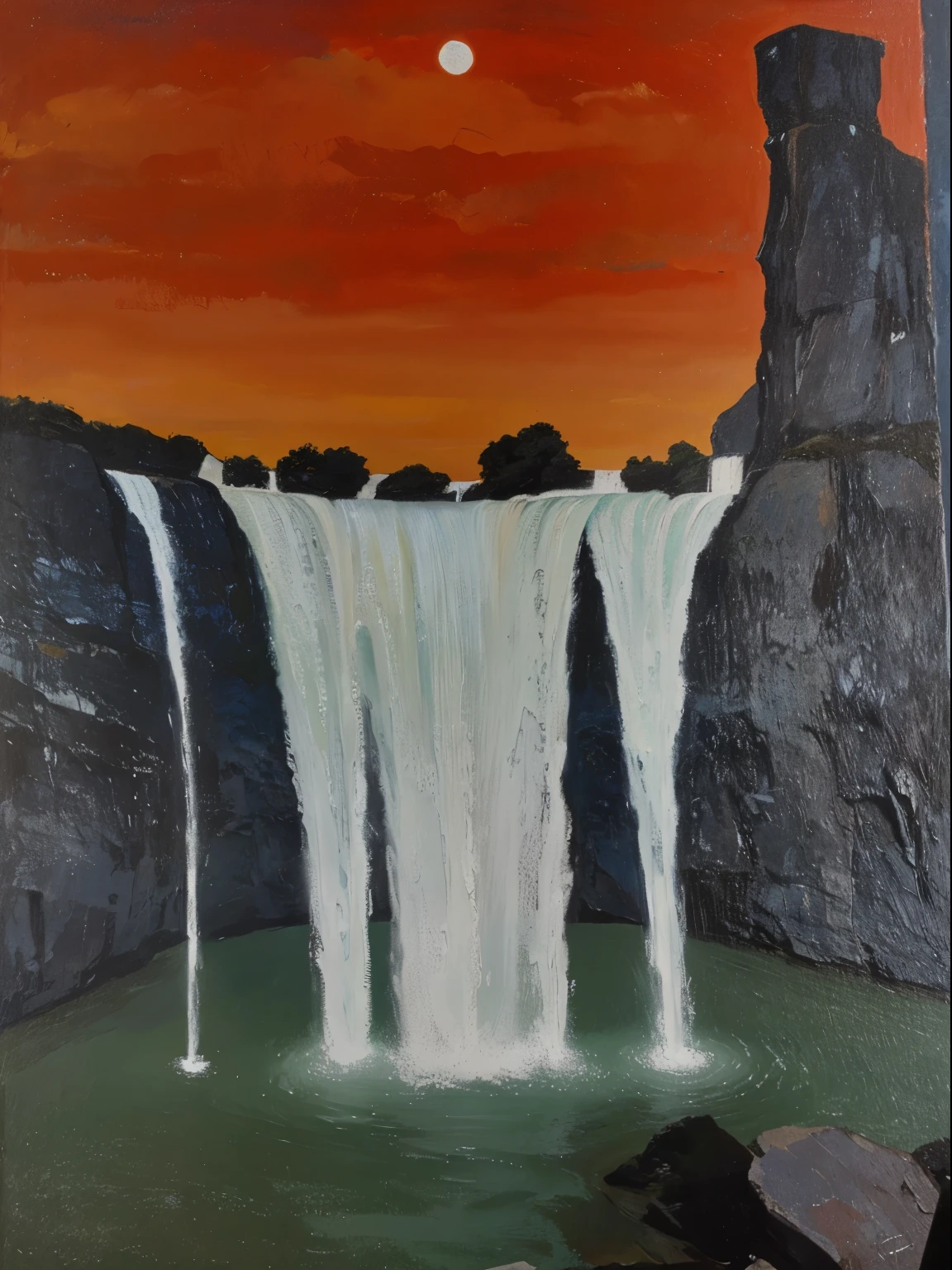 Create a painting based on the provided image alter the waterfall to give very realistic look, create the strokes to give surreal feeling to the painting.
