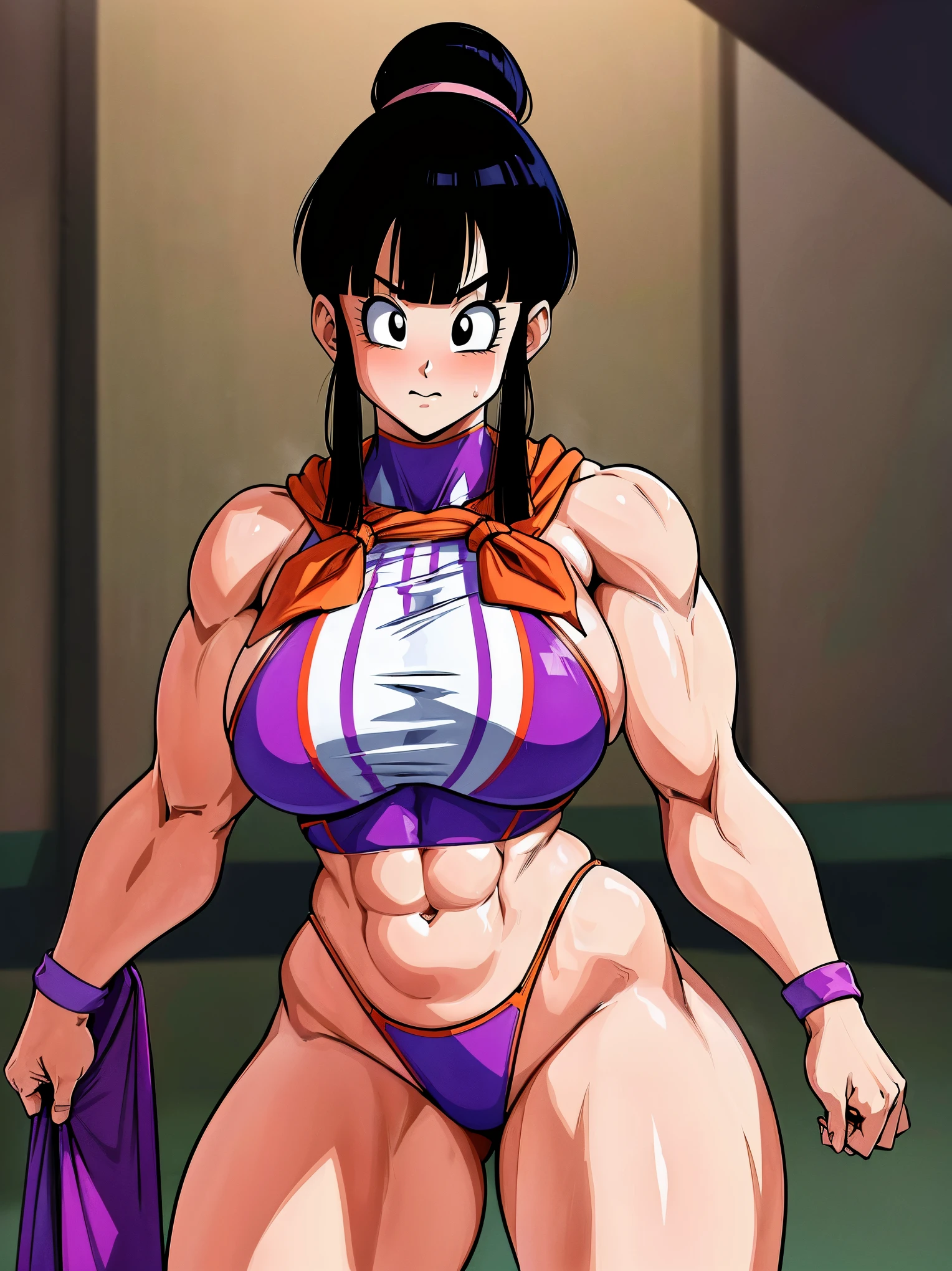 chichi_dbz, standing, solo, large_breasts, Purple_Dress_Orange_Neckerchief, masterpiece, best quality, detailed face, detailed eyes, highreasterpiece:1.0),(best_quality:1.0), ultra high res,4K,ultra-detailed, photography, 8K, HDR, highres, absurdres:1.2, Kodak portra 400, film grain, blurry background, bokeh:1.2, lens flare, (vibrant_color:1.2),professional photograph, (Beautiful,large_Breasts:1.4), (beautiful_face:1.5),(narrow_waist),(beefy, muscular, female, bodybuilder), (best quality, 4k, highres, HDR, professional), (vivid colors, sharp focus), (studio lighting,physically-based rendering), (portrait, fitness, strength), (exquisite details), (intense, determined expression), (long dark hair, sculpted arms), (flexing biceps, toned abs), (sweat dripping, glistening skin), (posing on a gym floor), (background blurred), (strong and confident posture), (athletic leggings, sports bra), (weightlifting belt), (gym equipment in the background), (tattoos on arms), (sweatbands on wrists), (spotlight highlighting muscles), (striking physique), (dynamic lighting and shadows), (impressive muscle definition), (energy and power), (grit and determination), (bodybuilding competition setting), (admiring crowd in the background), (focused and intense workout), (muscle pump and vascularity), (natural lighting), (commanding presence), (extraordinary strength and confidence), (competition-grade muscle tone), (explosive energy), (maximum muscle density and size), (female empowerment), (awe-inspiring physique), (body positivity), (inspiration and motivation).