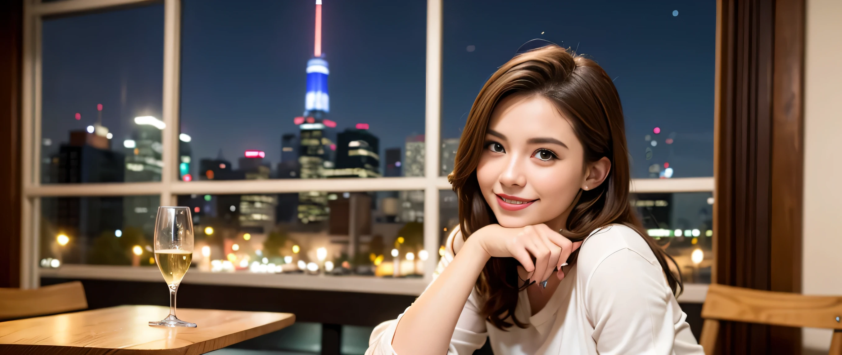 64k, Hmm, highest quality, masterpiece: 1.2), (realistic, photorealistic: 1.37), Super detailed, 3 slim beauties, (slim face),Happy、 the best smile、Fox face、Berry Short、(because I'thin), (brown hair), (shortcut), long sleeve shirt、winter fashion、Colombian、Brazilian、Japanese、Dutch、German、Portuguese、Belgian、Italian、French,Champagne、sparkling wine、 (gush out), (slim body), (brown hair), (shortcut), neat beauty、cheeks turn a little red, (35 years old), 38 years old, alone, A beautiful and detailed night view spreads out outside the window...., restaurant, wine glass is sitting, At night, in a prominent place (from the Upper body) nova frog style, actress, model, Upper body, White wine, slim, wine glass, Very beautiful night view, wine glass Put in the Middle, Happy smile, (smile: 1.15),