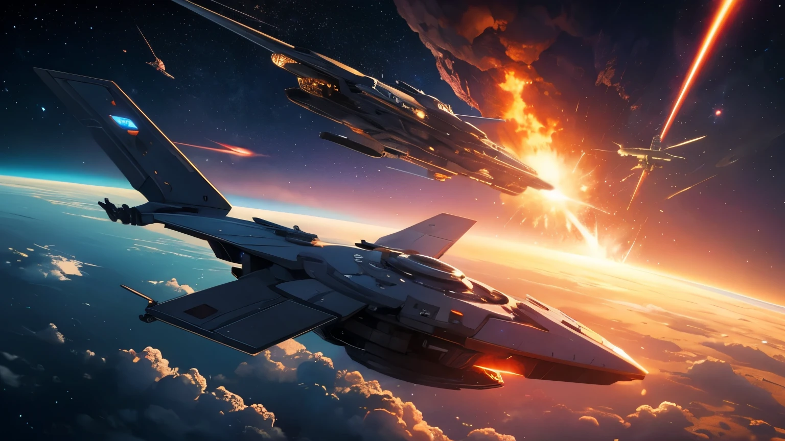 Many spaceships in outer space have air battles with mechanical birds，Multiple spaceships explode，In the distance are two planets and an exploded planet fragment