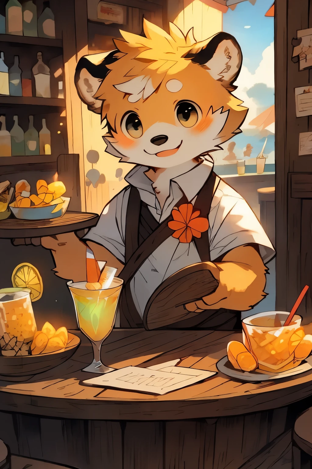 big watery eyes,Warm island atmosphere,More soft details and shadow corgi waiter:1.1),A large glass of ice lemonade,inside the spanish bar. spanish bar,There is a wooden counter on the left, There's an open door in the back, And the scenery of the Spanish islands outside the door.(Spanish island style:1.1),alone, Kanno, ,(In a spanish style bar:1.1),(sexy waiter:1.1),(male,boy,toddlers,Baby dolls),Holding a tray in one hand,A glass of lemonade and orange jelly on a tray. masterpiece, best quality, perfect anatomy, , author:Milk tiger 1145, author:British
