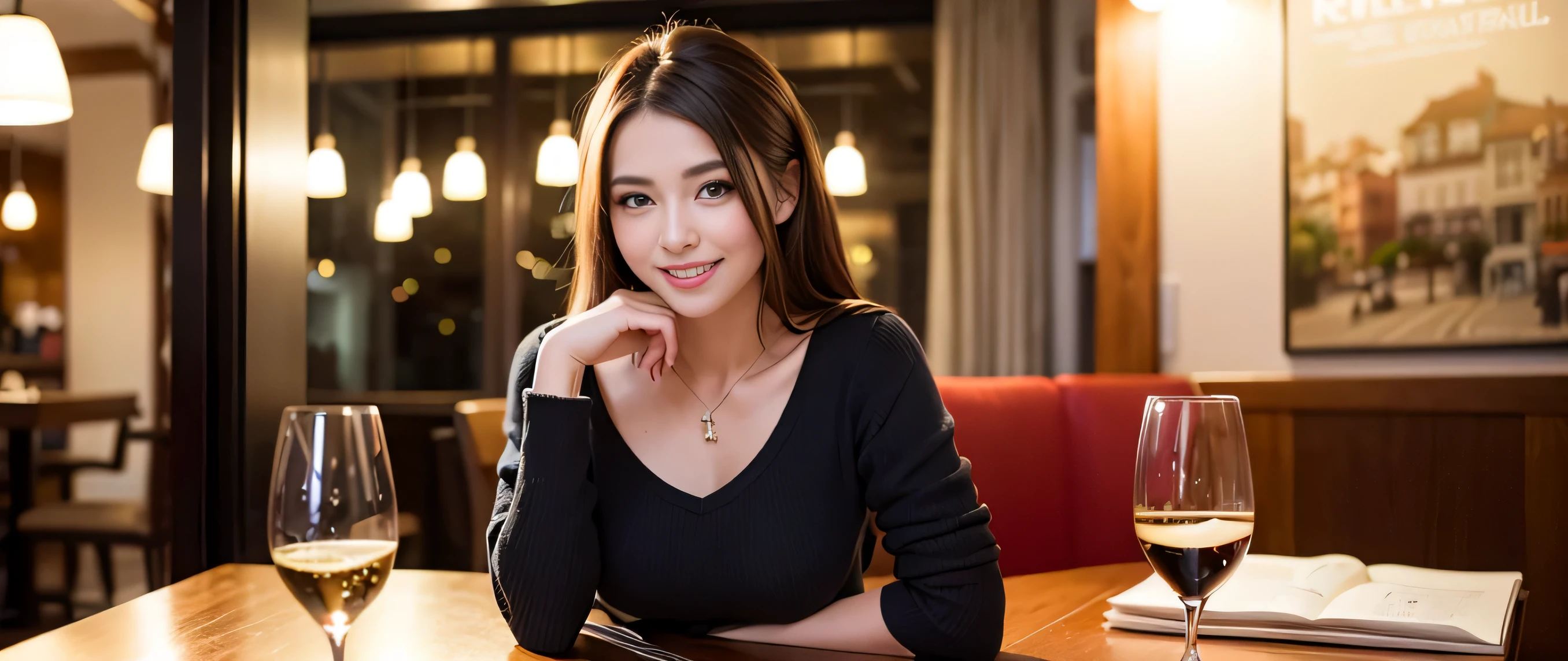 64k, Hmm, highest quality, masterpiece: 1.2), (realistic, photorealistic: 1.37), amazing sunset view、3 slim beauties, (slim face),Happy、 the best smile、Fox face、Berry Short、(because I'thin), (brown hair), (shortcut), long sleeve shirt、winter fashion、Colombian、Brazilian、Japanese、Dutch、German、Portuguese、Belgian、Italian、French,Champagne、sparkling wine、 (squirt), (slim body), (brown hair), (shortcut), neat beauty、cheeks turn a little red, (40 years old), 38 years old, alone, A beautiful and detailed night view spreads out outside the window....., restaurant, wine glass is sitting, At night, in a prominent place (from the Upper body) nova frog style, actress, model, Upper body, White wine, slim, wine glass, Very beautiful night view, wine glass Put in the Middle, Happy smile, (smile: 1.15),