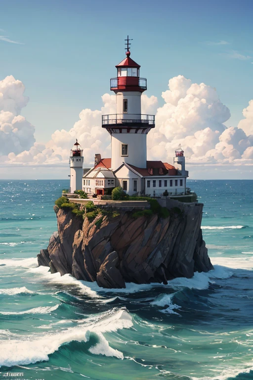 ((highest quality)), ((masterpiece)), (be familiar with), perfect face, ((masterpiece, best quality)), lighthouse, seashore, twilight, guiding light, waves, serene