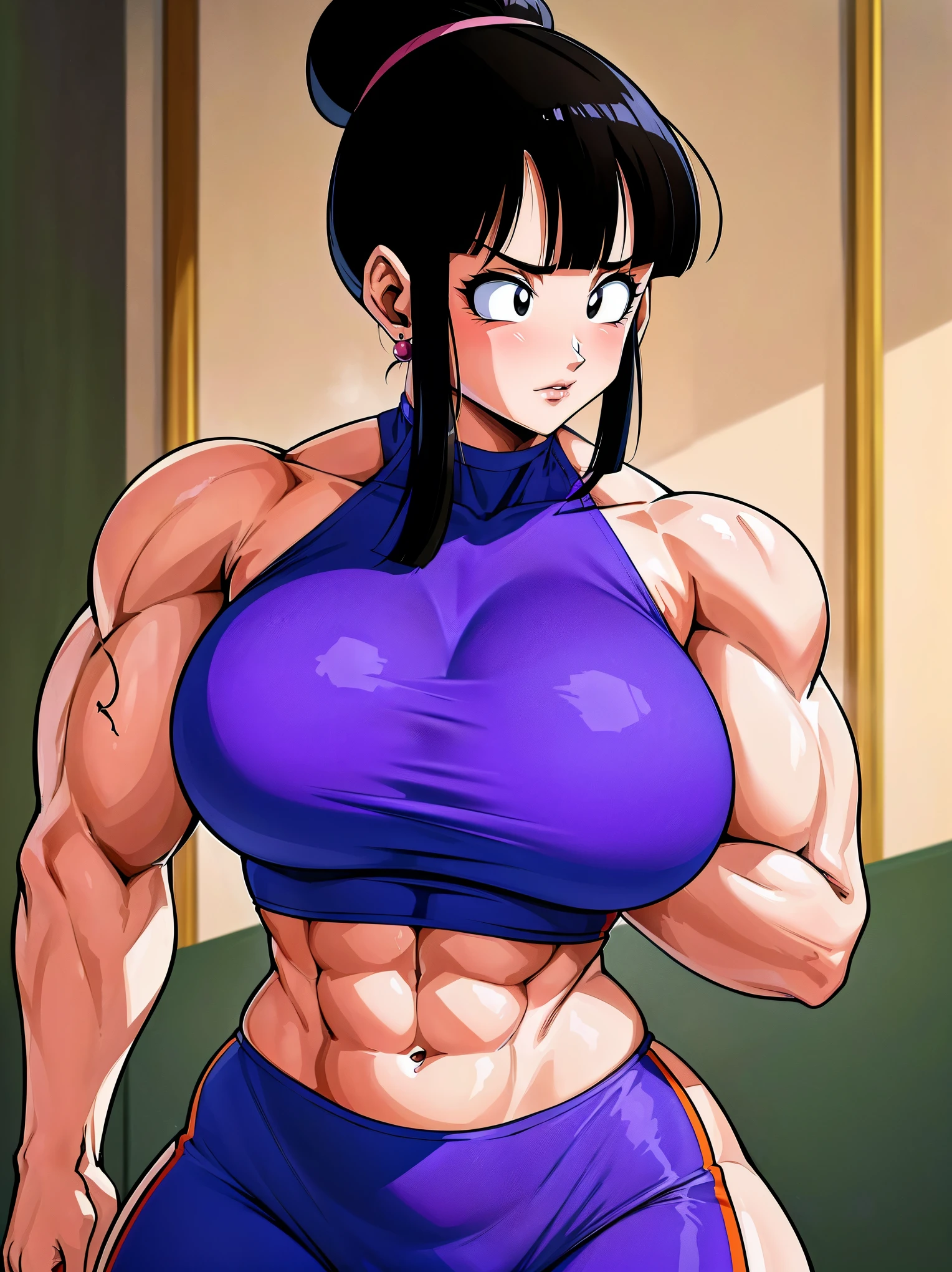 chichi_dbz, standing, solo, large_breasts, Purple_Dress_Orange_Neckerchief, masterpiece, best quality, detailed face, detailed eyes, highreasterpiece:1.0),(best_quality:1.0), ultra high res,4K,ultra-detailed, photography, 8K, HDR, highres, absurdres:1.2, Kodak portra 400, film grain, blurry background, bokeh:1.2, lens flare, (vibrant_color:1.2),professional photograph, (Beautiful,large_Breasts:1.4), (beautiful_face:1.5),(narrow_waist),(beefy, muscular, female, bodybuilder), (best quality, 4k, highres, HDR, professional), (vivid colors, sharp focus), (studio lighting,physically-based rendering), (portrait, fitness, strength), (exquisite details), (intense, determined expression), (long dark hair, sculpted arms), (flexing biceps, toned abs), (sweat dripping, glistening skin), (posing on a gym floor), (background blurred), (strong and confident posture), (athletic leggings, sports bra), (weightlifting belt), (gym equipment in the background), (tattoos on arms), (sweatbands on wrists), (spotlight highlighting muscles), (striking physique), (dynamic lighting and shadows), (impressive muscle definition), (energy and power), (grit and determination), (bodybuilding competition setting), (admiring crowd in the background), (focused and intense workout), (muscle pump and vascularity), (natural lighting), (commanding presence), (extraordinary strength and confidence), (competition-grade muscle tone), (explosive energy), (maximum muscle density and size), (female empowerment), (awe-inspiring physique), (body positivity), (inspiration and motivation).