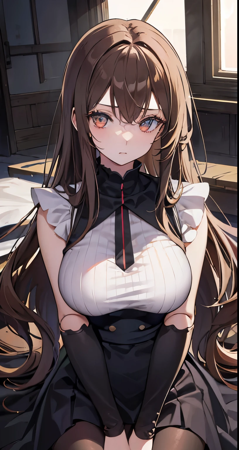 ((Beautiful Beautiful Girl)),(glay eyes), 1  and slender woman, degree々big breasts, ((brown beige hair)),((Medium long Hair)),In 8K, top quality, (highly detailed head: 1.0), (very detailed face: 1.0), (highly detailed hair: 1.0),((sheer black obscene whore costume)), Detailed official artwork, clean detailed anime art,((Doll joints)),((ruins))