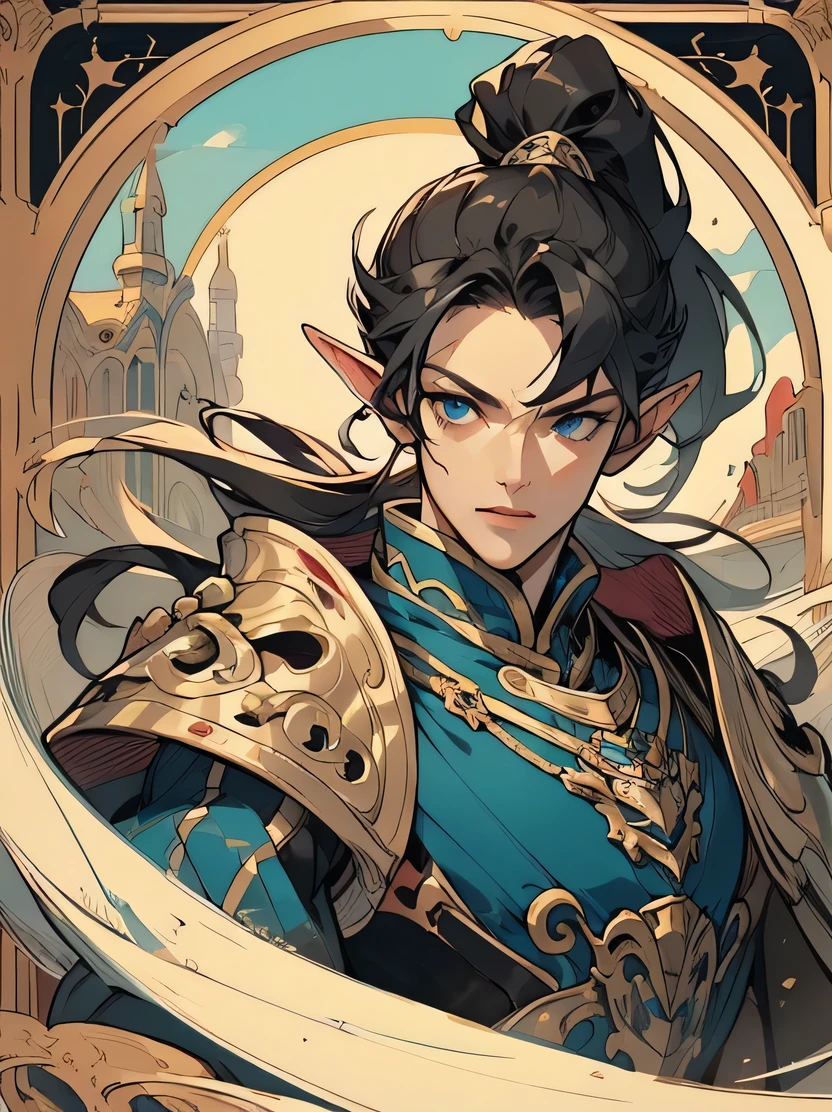 ((masterpiece、highest quality、Super detailed、High resolution、sharp focus、cinematic lighting))、((1 female、bust shot))、Portrait of a beautiful female elf 、tarot cards、40 years old、focus from the chest up、elaborately patterned cloth cloak、Textured black leather armor and leggings、Chalkboard armor with delicate carvings、black leather gloves、tall、well-proportioned body shape、big breasts、((black hair ponytail))、enchanting blue eyes、clear eyes、highly detailed face、Fine ears、detailed eye、view audience、Detailed depiction of hands、dynamic action、Beautiful medieval cityscape and castle in the background、Detailed background depiction、didn't write