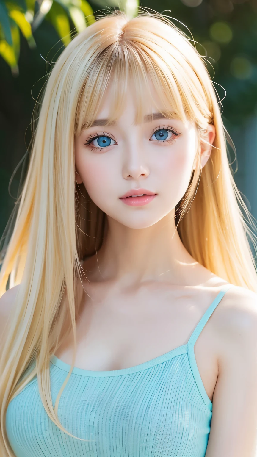 real photo quality、extraordinary sexy beauty、Beautiful calm and bright expression、sexy and refreshing look、Perfect beautiful cute face with long bangs、Super long bright blonde straight hair、beautiful facial hair、very cute beautiful sexy young little woman、very perfect beautiful cute face、Very beautiful bright pale sky blue big eyes、very big eyes、white and beautiful skin、shiny skin、Shiny skin、cheek gloss、small face beauty