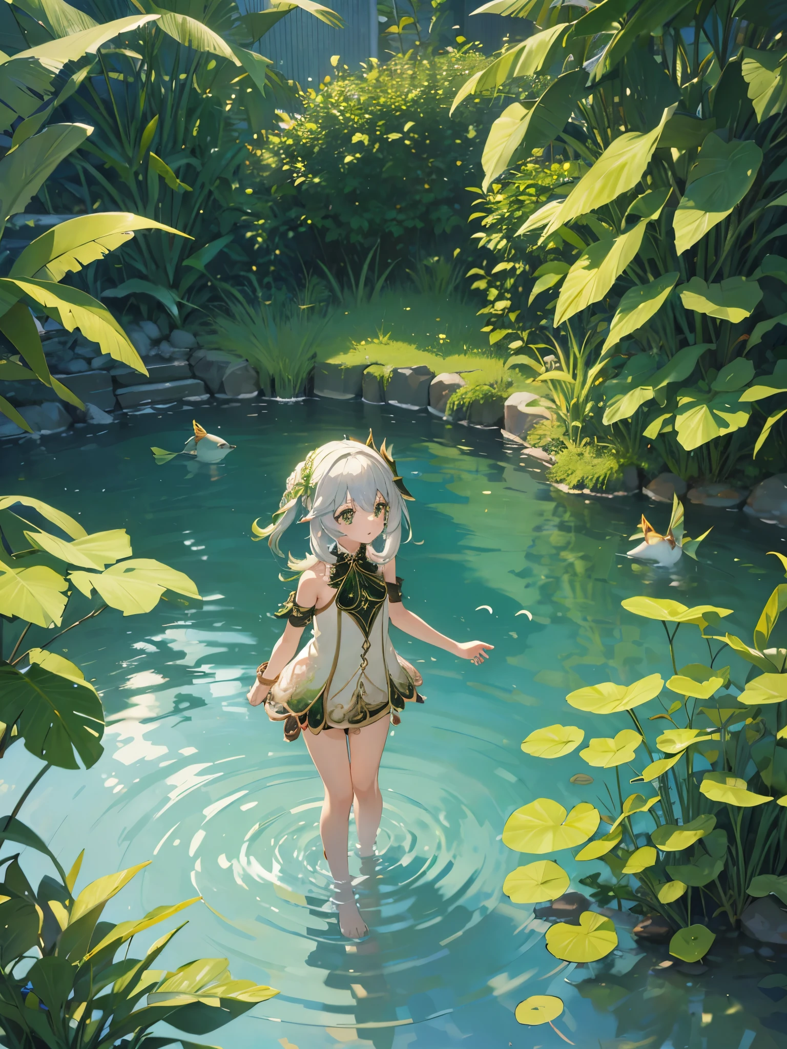 nahida swimming in a pond with grasses around her and fishes in her hand